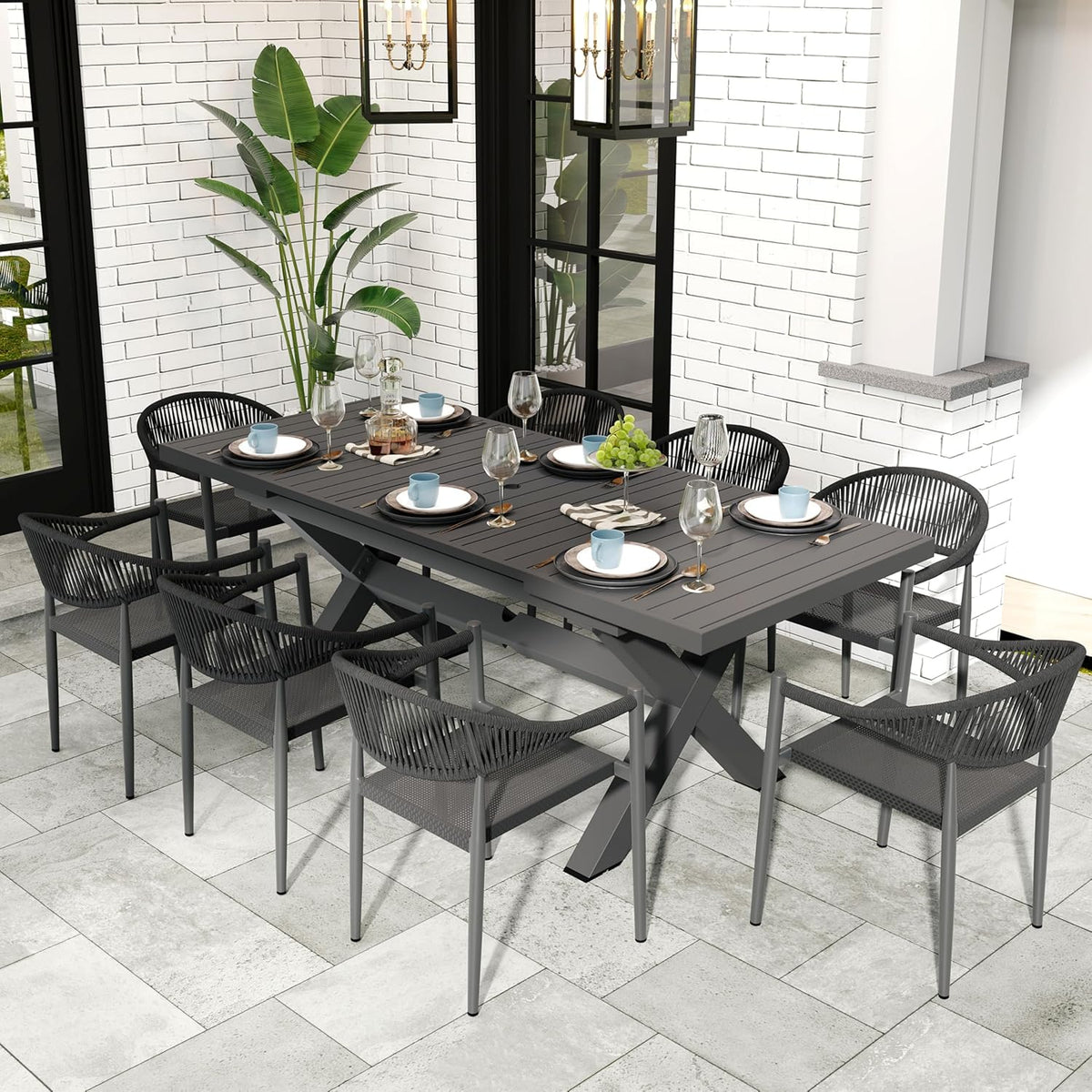 Extendable Patio Dining Table for 6-8. 63''-83'' Outdoor Aluminum Table w/Umbrella Hole. Rectangle Slatted Tabletop. Metal X-Trestle for Meals Garden Deck Backyard Gathering Party - Light Brown