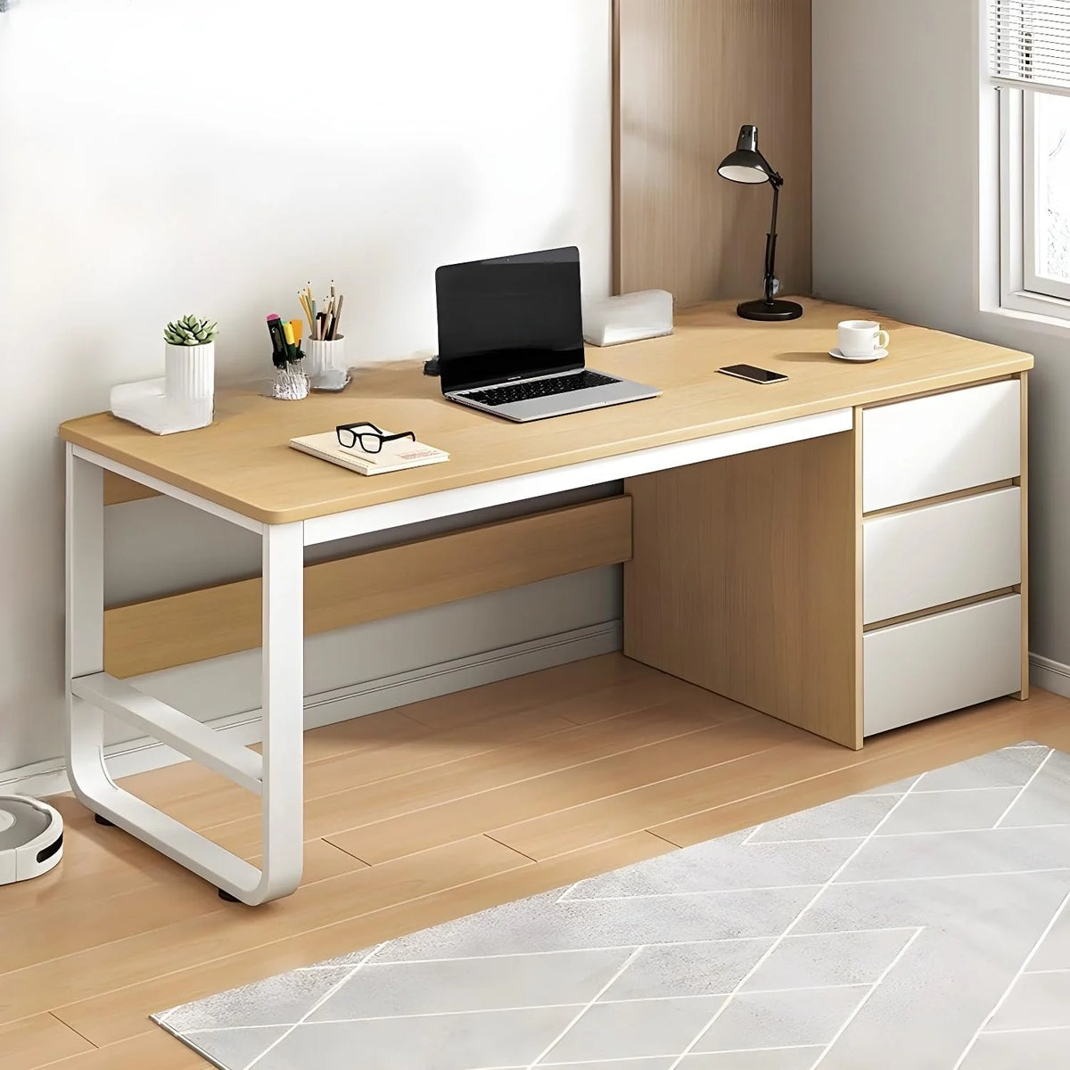 This stylish and modern office desk features an integrated cable management system. a wooden desktop. and a rectangular shape. It comes with three drawers and is ideal for both office and home use. Available in brown. it measures 63 inches in length.