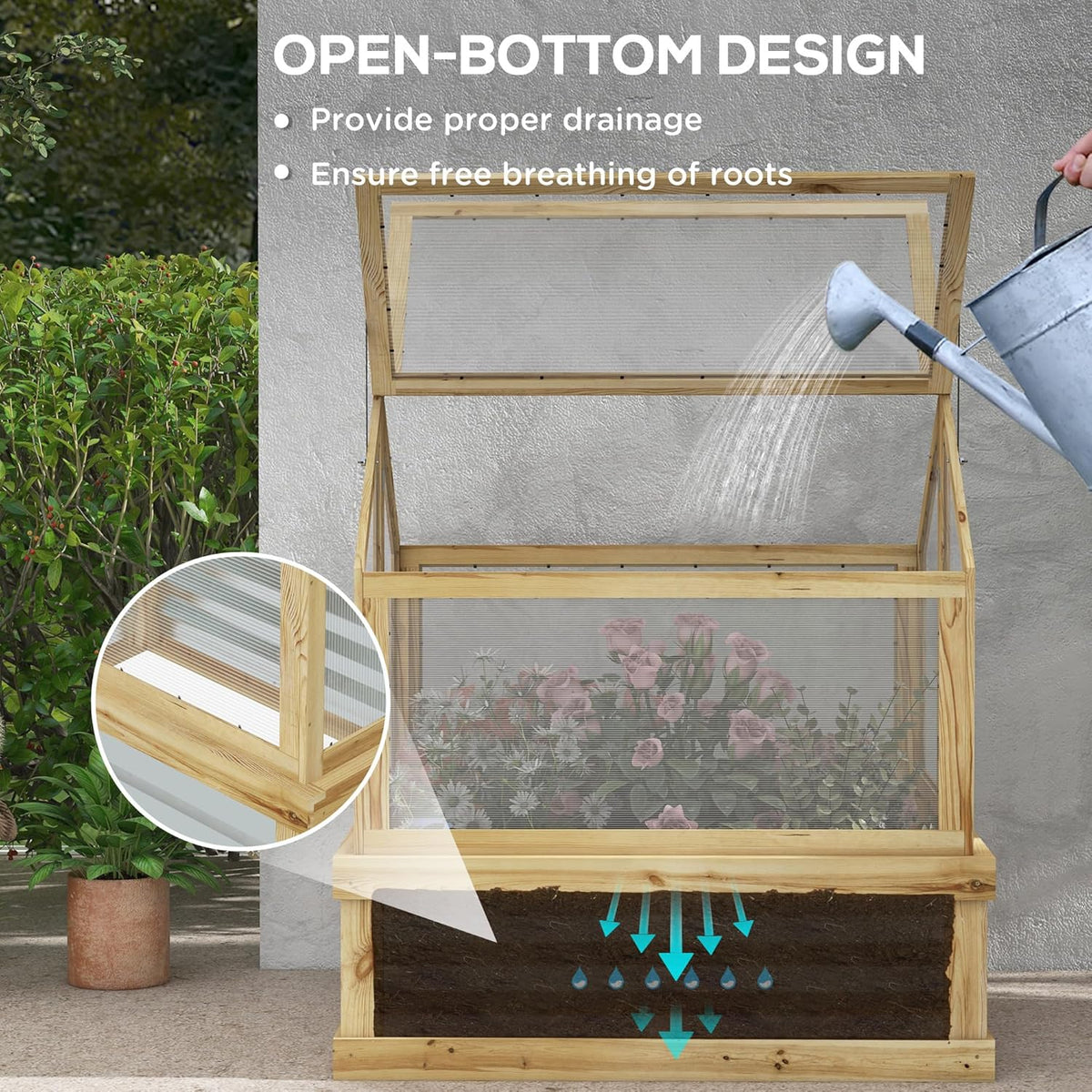 Raised Garden Bed with Polycarbonate Greenhouse. Wooden Cold Frame Greenhouse. Garden Flower Planter Protection. Peak Roof. 35.5 x 31.5 x 36. Natural