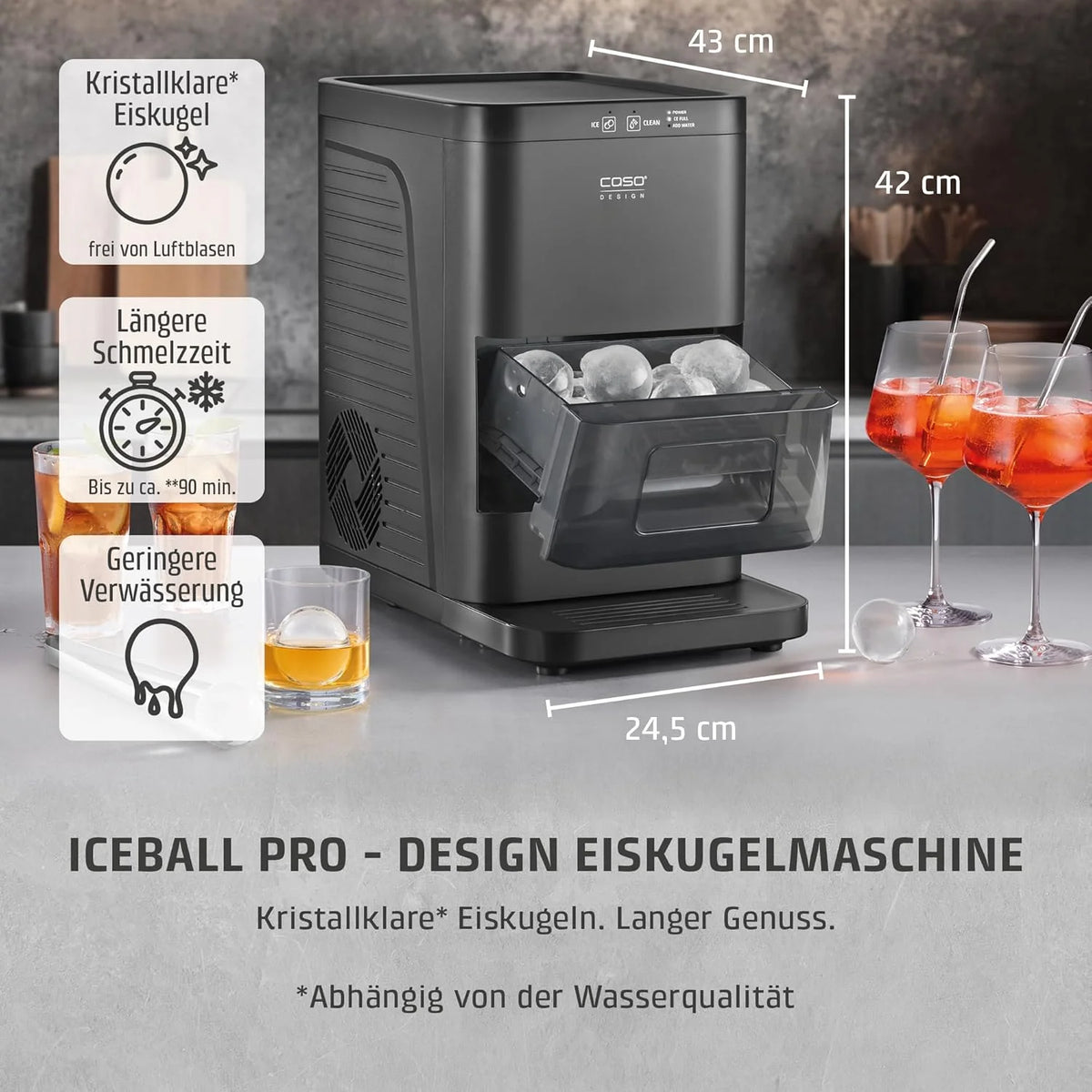 CASO IceBall Pro Eiskugelbereiter mit Kompressor - Kristallklare Eiskugeln 50-55 mm. 2 Kugeln/Stunde. 1.3 l Wassertank. Selbstreinigung. LED-Anzeige.