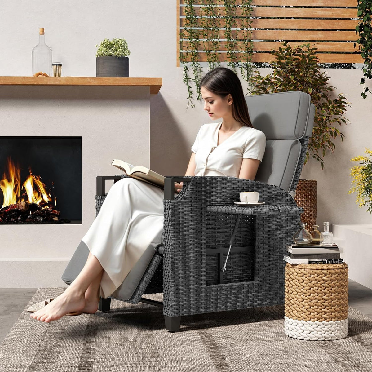 UDPATIO Sillón Ratán Jardin Exterior Reclinable. Tumbona de Jardín Ajustable 150°. con Respaldo Ajustable. Fundas + Extraíbles Cojines. Impermeable.