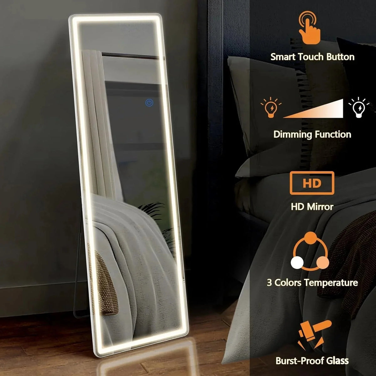 64 x 21 Inch Full Length LED Floor Mirror with Stand. Wall Mounted Full Body Mirror