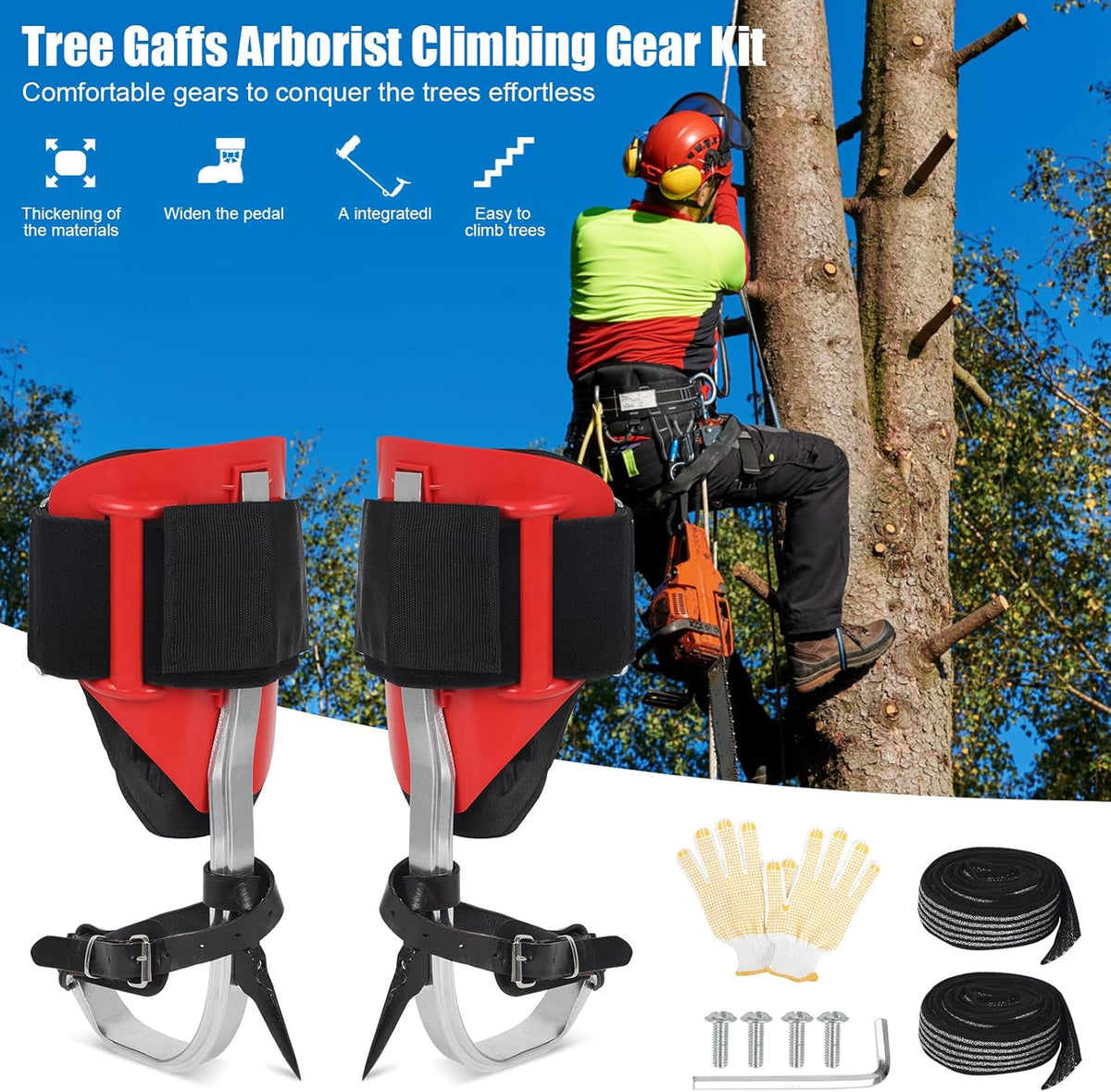 Tree Climbing Spikes Set for Tree Work. Adjustable Tree Climbing Gear with Safety Seat for Tree Climbing and 10FT Steel Wire Core Flip Line Kit for Outdoor Jungle Survival Fruit Picking