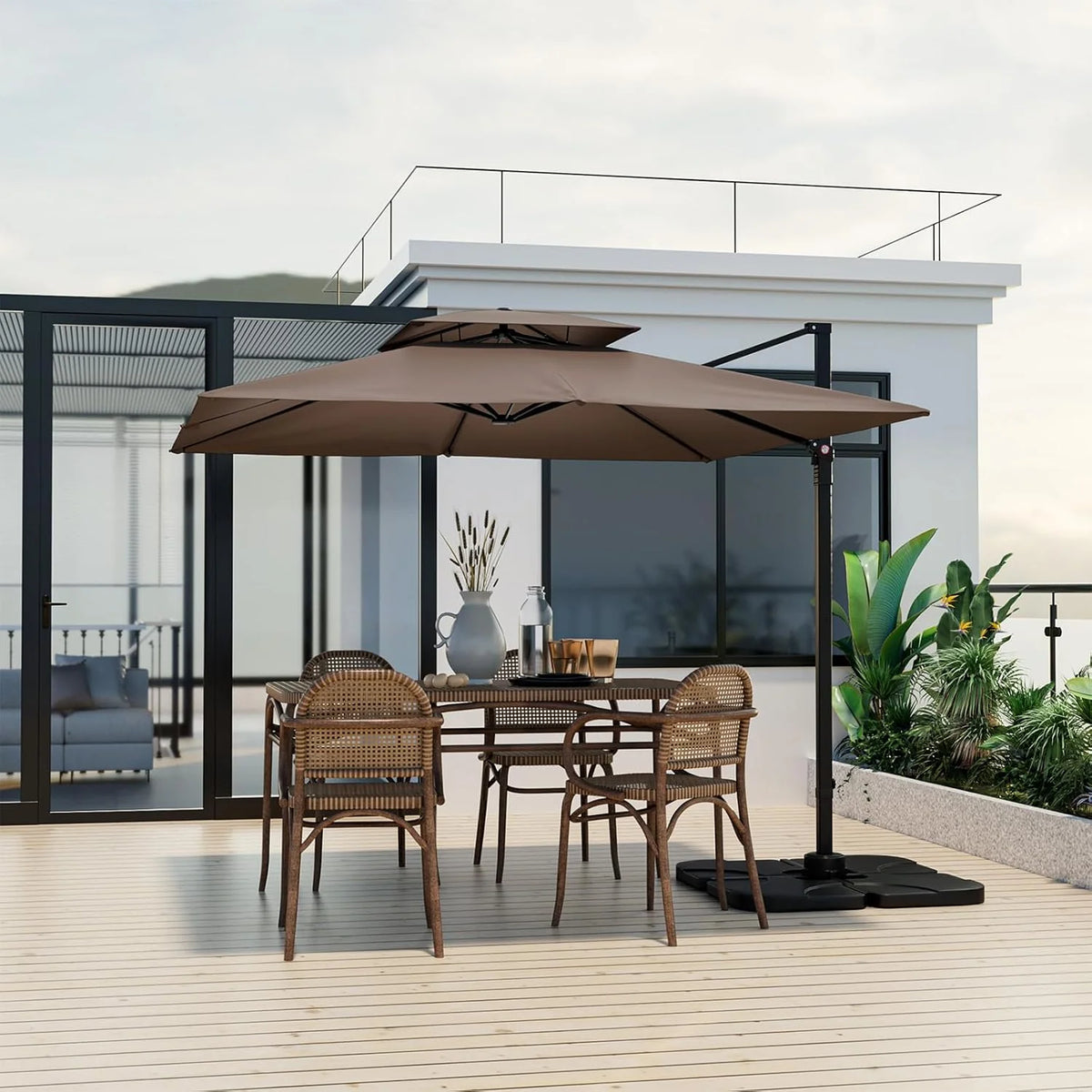 9.5-foot cantilevered patio umbrella. outdoor square offset umbrella. 360° rotatable. double-structured heavy-duty patio hanging umbrella. with cross base. suitable for gardens. patios. swimming pools and backyards.