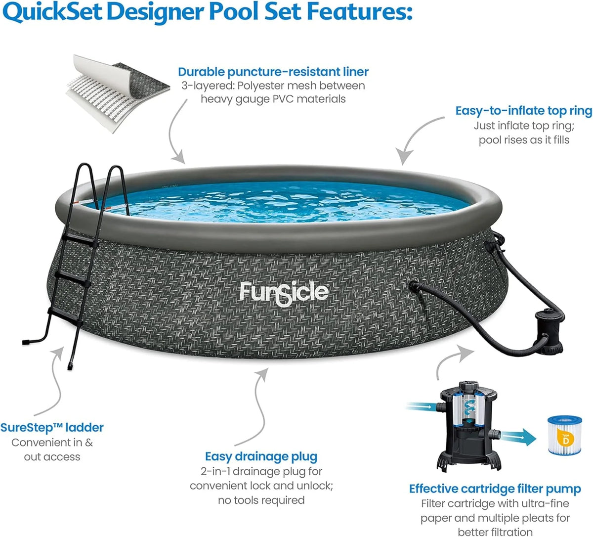 12 Foot by 36 Inch Quickset Round Inflatable Ring Top Outdoor Above Ground Swimming Pool Set with Pump and Cartridge Filter. Dark Herringbone