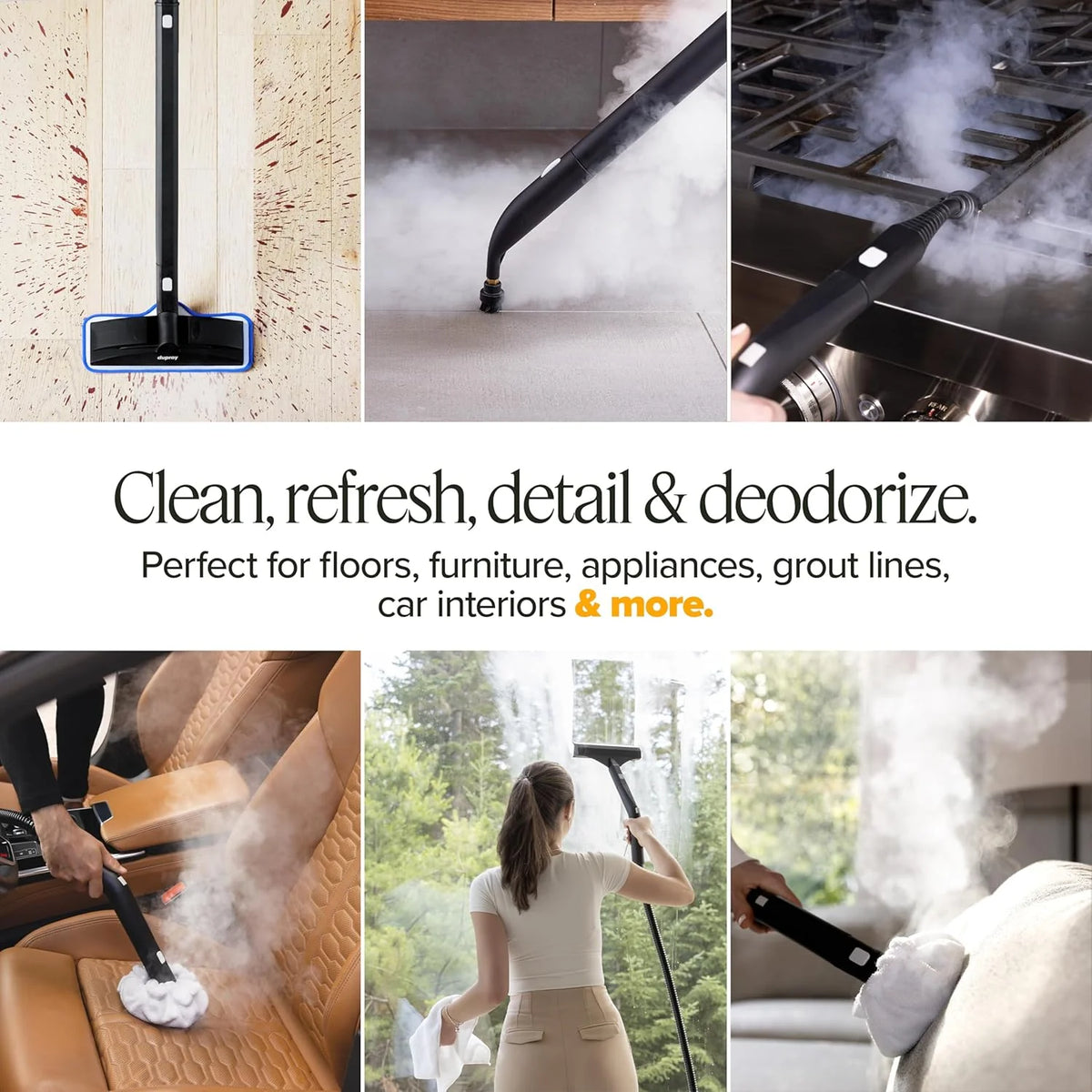 Steam cleaner. equipped with a 40-piece accessory set. has powerful functions and adopts a chemical-free cleaning method. It is suitable for cleaning floors. cars. tiles. gaps. etc. It can kill 99.9% of bacteria and viruses.