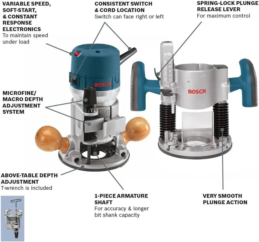 12-Amp 2.25 HP Wood Router Combo Kit with Plunge Router. Fixed Base and Variable Speed