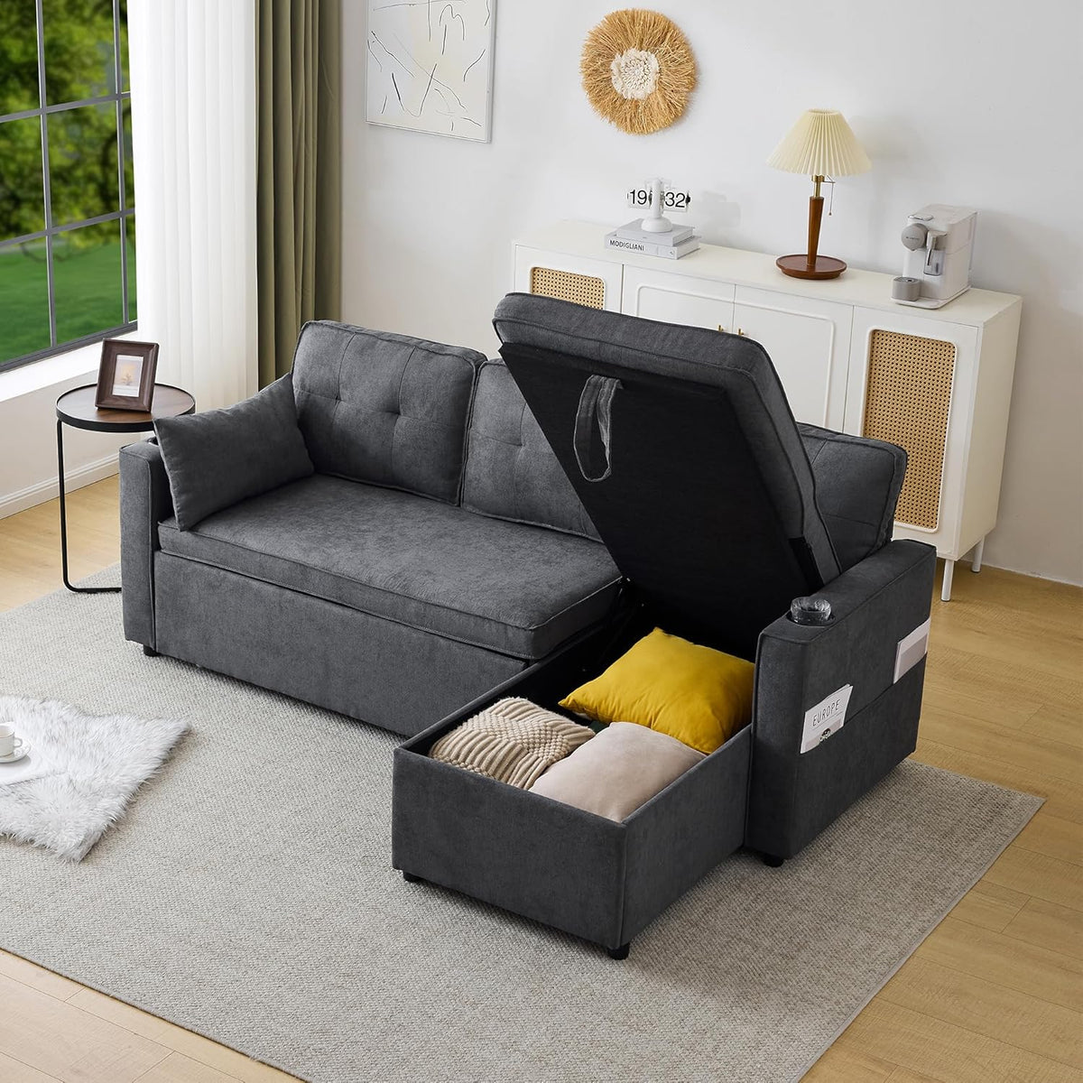 Sofá Cama 3 plazas con Portavasos y Bolsa Pasamanos Lateral. Sofá en Forma de L. Intercambiable a la Derecha y a la Izquierda. Gris