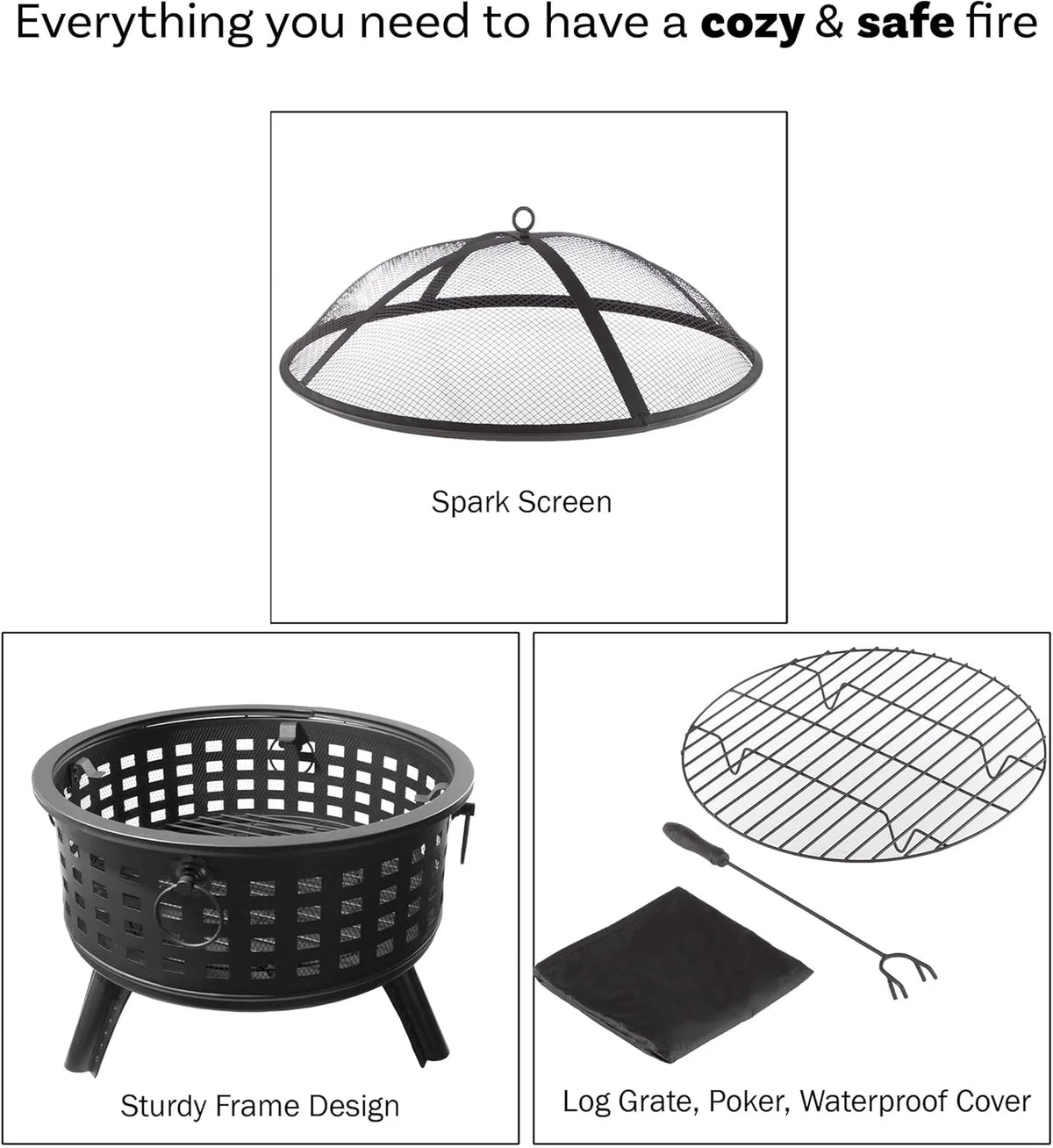 Outdoor Fire Pit - 26-Inch Round Lattice Wood Burning Firepit with Screen. Poker. Grate and Cover - Wood Fire Pits & Outdoor Fireplaces by Pure Garden