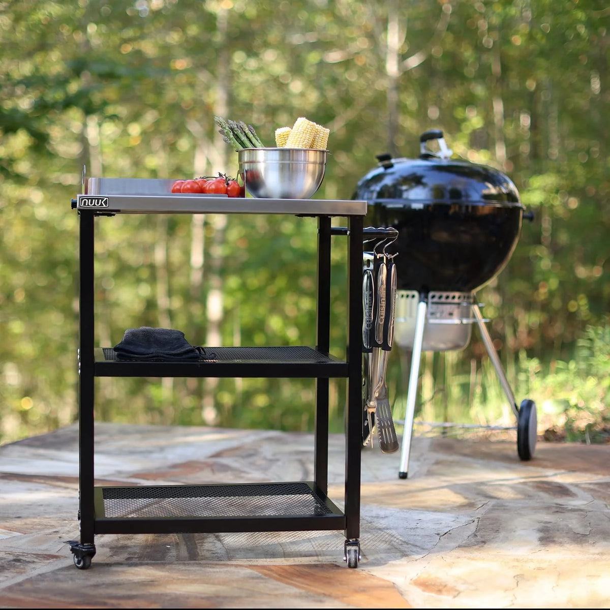 Outdoor barbecue food truck. 32 x 32 stainless steel pizza oven table. mobile barbecue kitchen food preparation cart with double-tiered shelves. suitable for garden patios