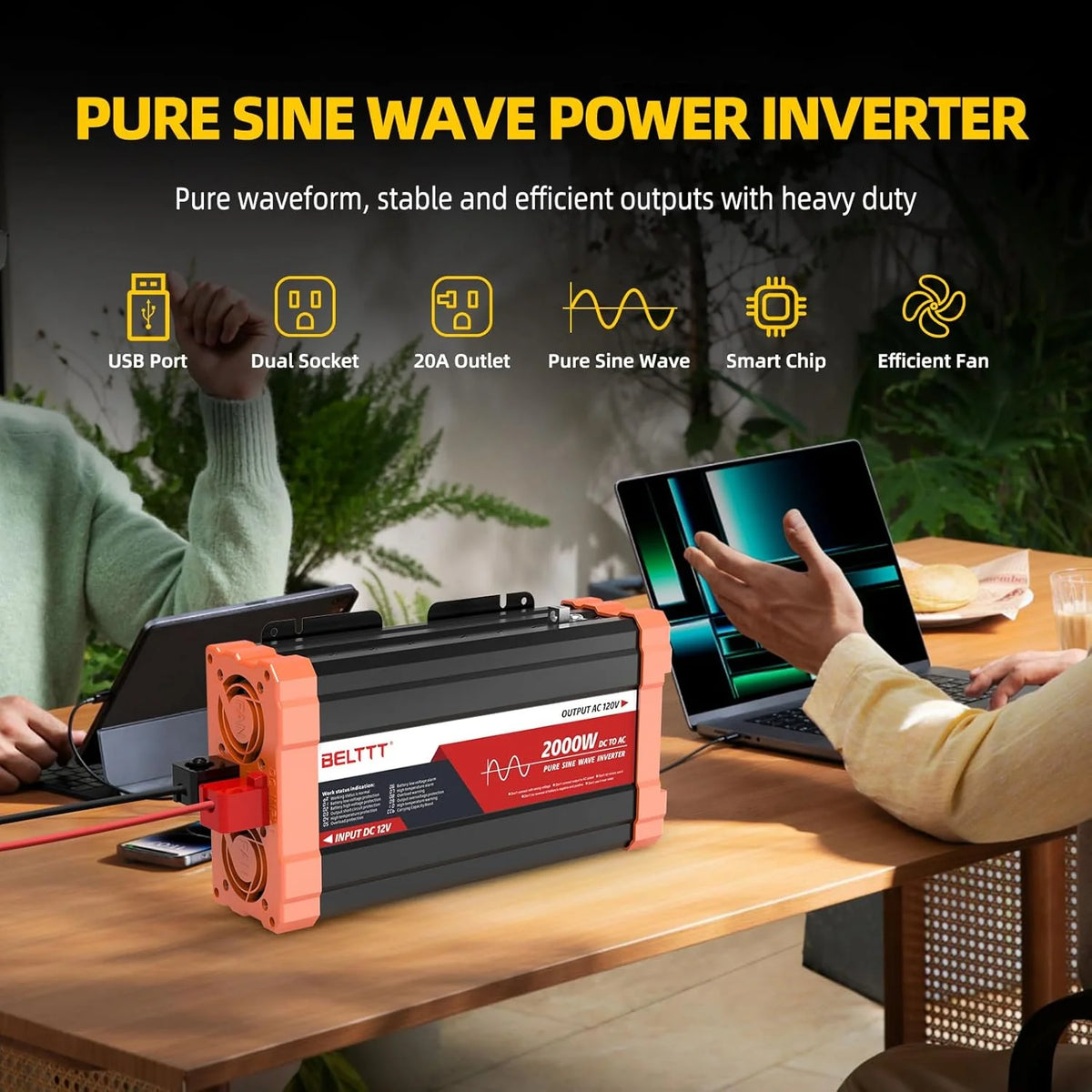 2000W Pure Sine Wave Inverter. Car Power Inverter 12V to 120V AC Converter for RV. Truck. Solar. Outdoor with Dual AC and 20A Socket. 5V 2.1A USB. Surge 4000W. Hardwire Port. Remote Controller