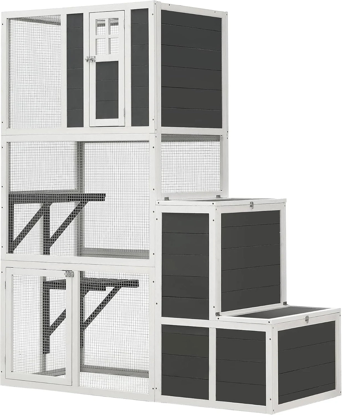 62.6-inch wooden outdoor cat house. large cat cage room. equipped with 7 platforms. 2 rest boxes and a rainproof roof. suitable for multiple pets to use. Step-in cat apartment shelter. white model