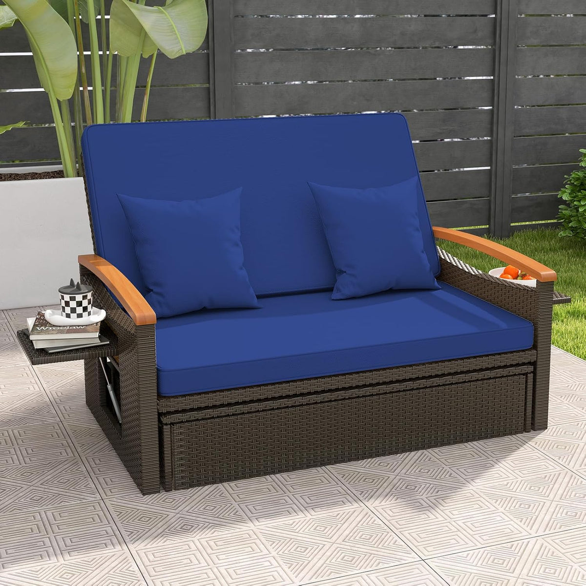 Moccha Outdoor Wicker Daybed. Patio Rattan Loveseat Sofa w/ 4-Level Adjustable Backrest. Folding Panels. Storage Ottoman & Cushions. Lounge Furniture Set for Poolside Backyard Porch (Beige)