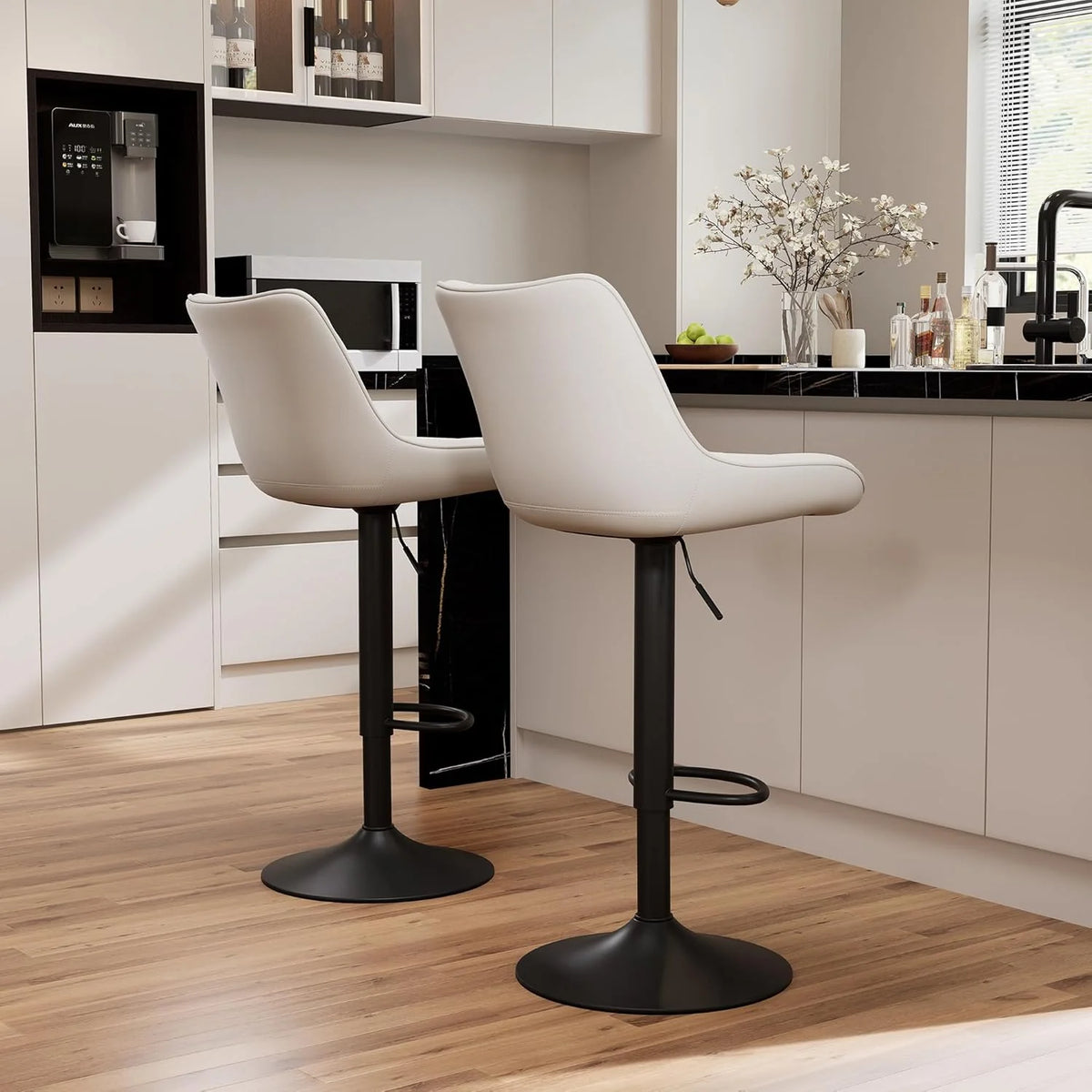 Bar stool set (2-piece) Adjustable rotating style. black color. covered with PU leather and equipped with a backrest. suitable for medium-height stools used in kitchen island or home bar.