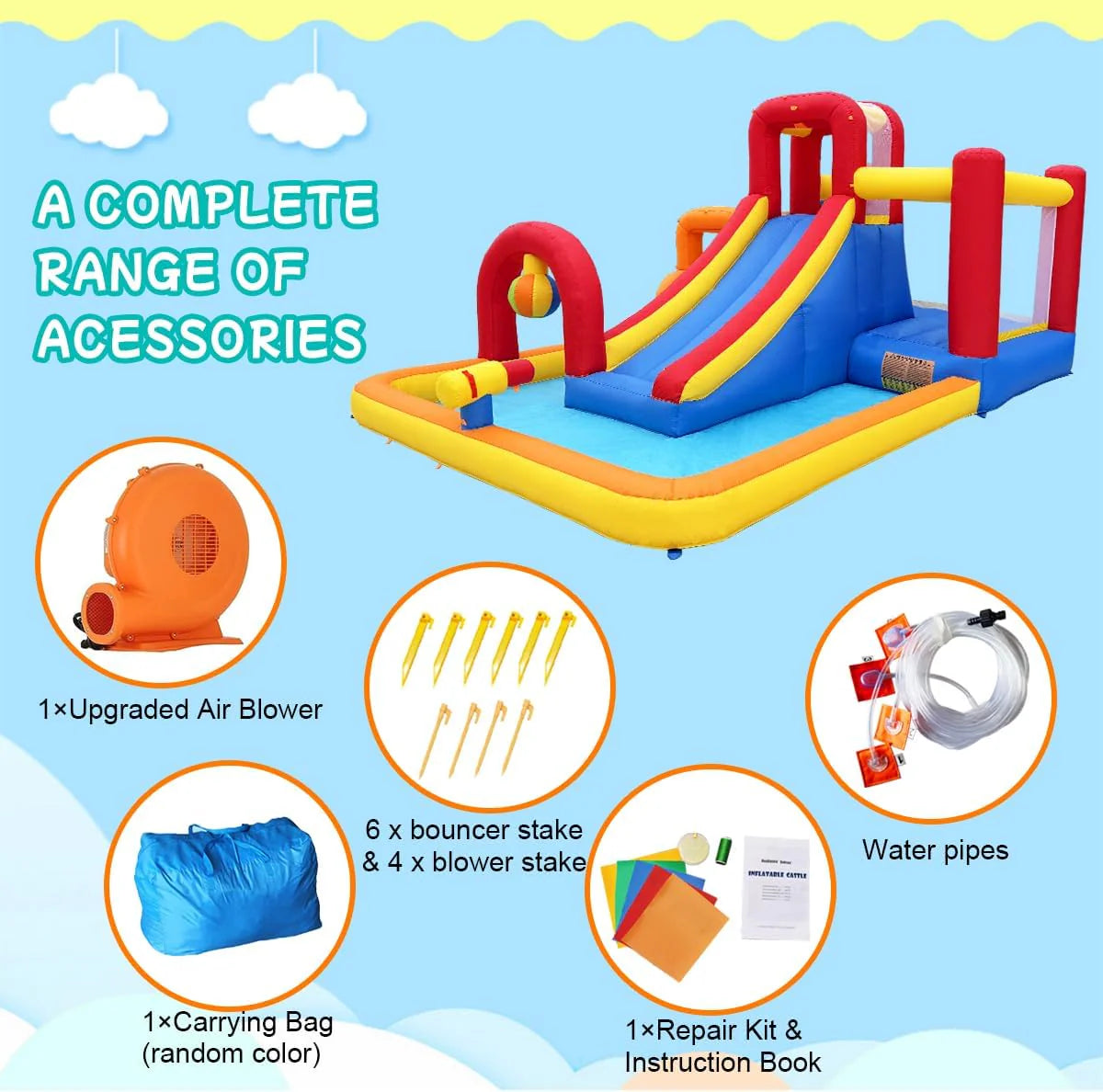 Inflatable Water Slide. 10 in 1 Water Park Bounce House with Blower. Splash Pool. 2 Slides. Water Cannon. Climbing Wall. Blow up Water Slides for Kids Outdoor Backyard