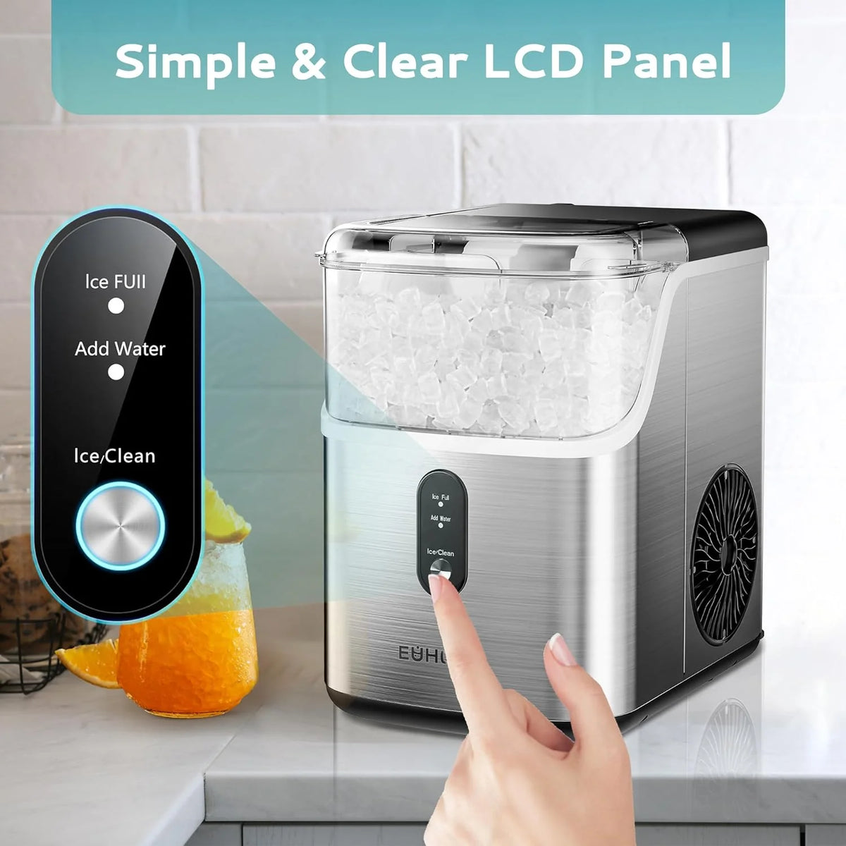 Desktop ice machine. pebble-style ice machine with 35 pounds/24-hour soft ice function. automatic cleaning sonic ice machine with ice scoop and ice box. granular ice machine (in stainless steel) suitable for home/kitchen/office