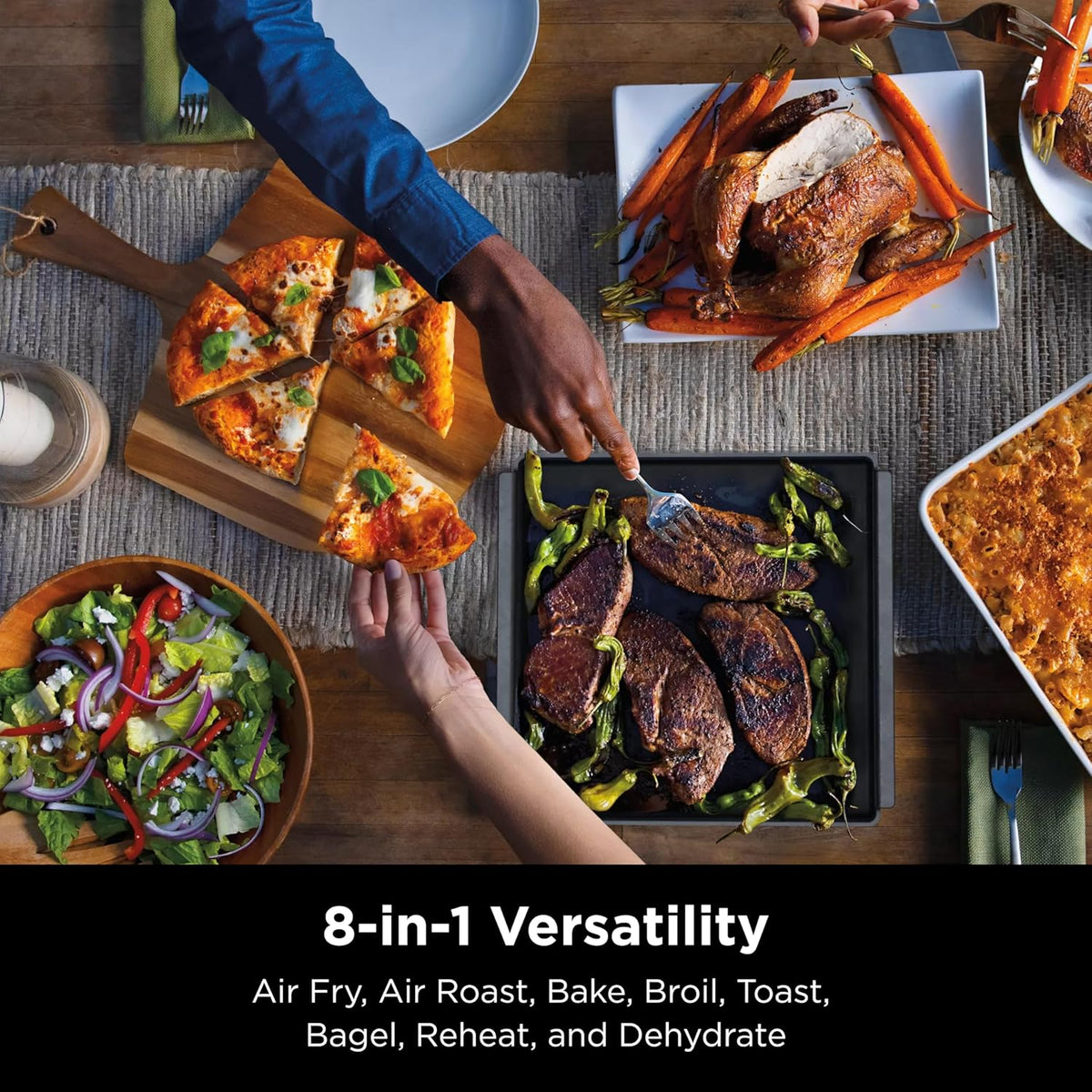 Toaster oven. air fryer. thermometer. toaster-air fryer combo. stainless steel material. quick cooking. french fries. frozen food. air frying. dehydrating. heating. 13 functions. less oil usage. flip-type oven