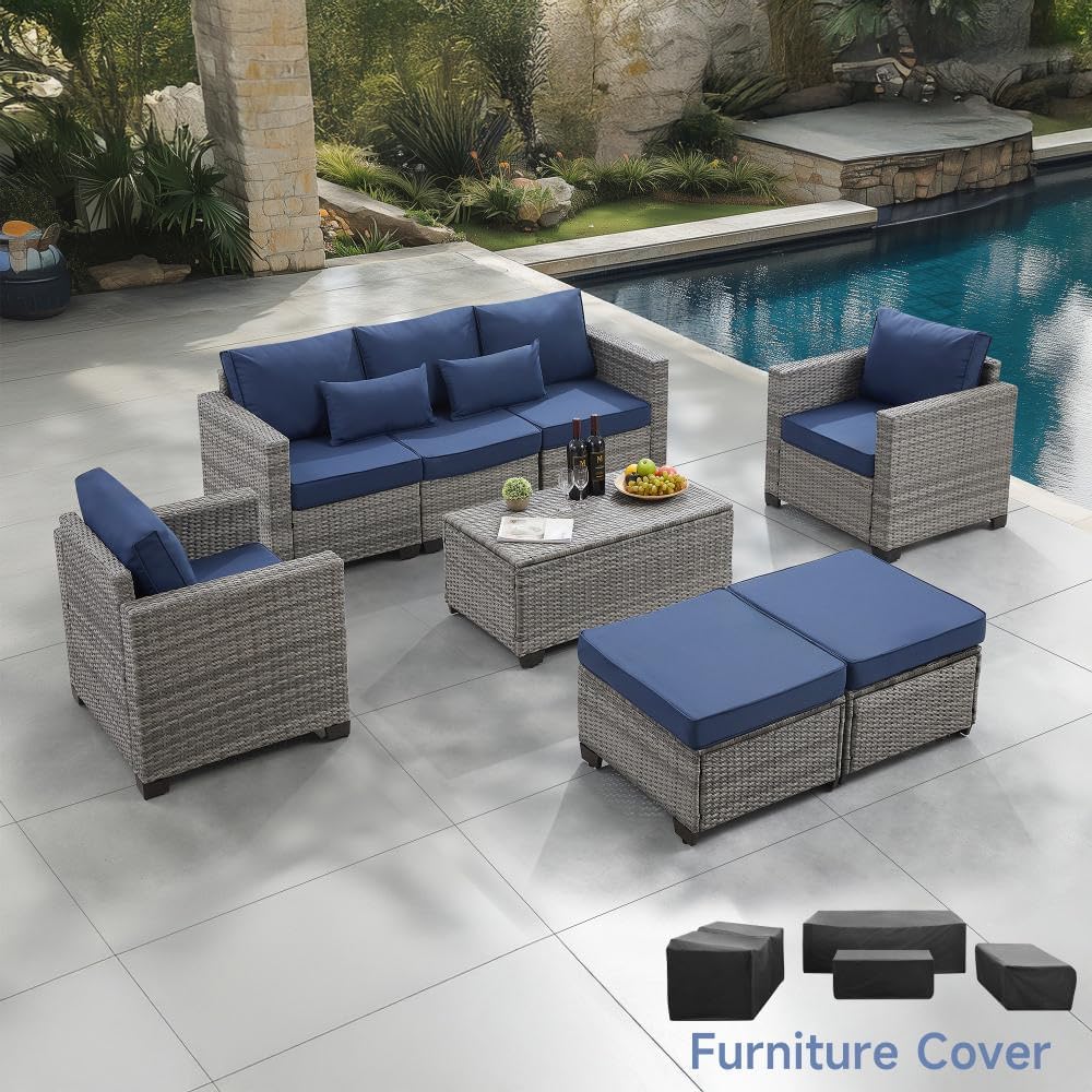 6 Pieces Outdoor Patio Furniture Sets with Furniture Cover. PE Rattan Wicker Patio Conversation Set with Tea Table (Peacock Blue. Rattan Storage Table)