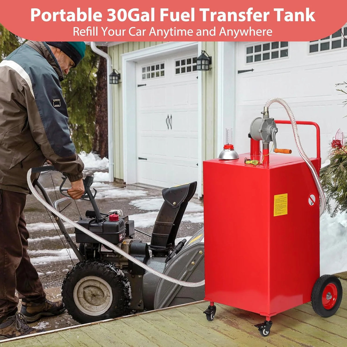30 Gallon Fuel Caddy. Fuel Tank with Manual Transfer Pump for Gasoline & Diesel. Durable 4-Wheel Design. Mobile Fuel Storage for Cars. Trucks. Boats. Lawn Mowers. Red