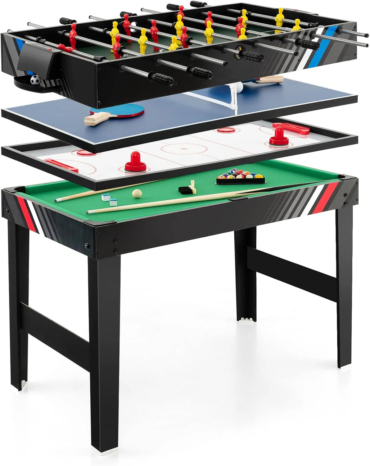 The multi-functional game table integrates a football table. a billiards table. an air curling table and a table tennis table. It is an ideal combination game table for a family game room.