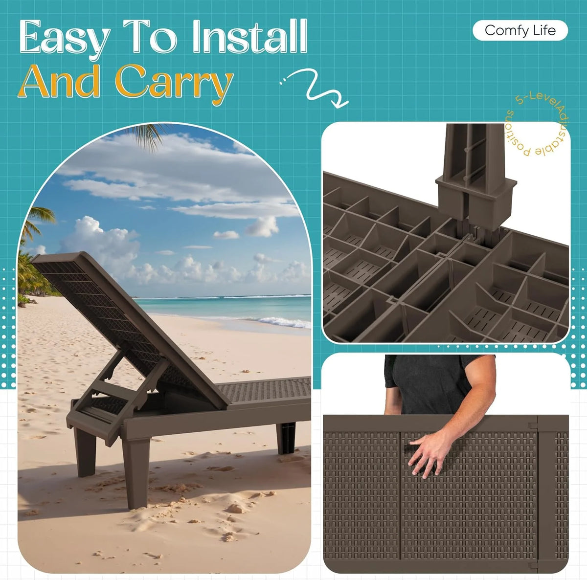 Outdoor Chaise Lounge Chair Set of 2 for Patio Poolside. Waterproof & Adjustable & Easy Assembly Sun Lounger for Outside Deck. Pool. Beach. Black