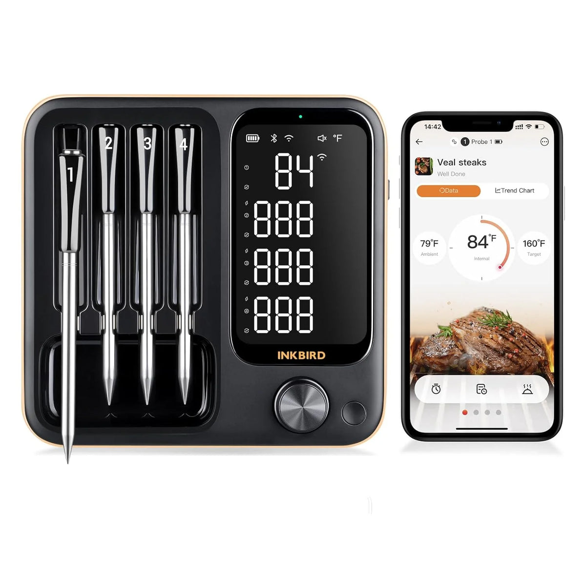 True wireless meat thermometer. equipped with 4 probes. Bluetooth meat thermometer. with backlit LCD display. Wi-Fi-enabled smart food thermometer. rechargeable. suitable for barbecue grills. charcoal grills. ovens. and rotating barbecue racks.