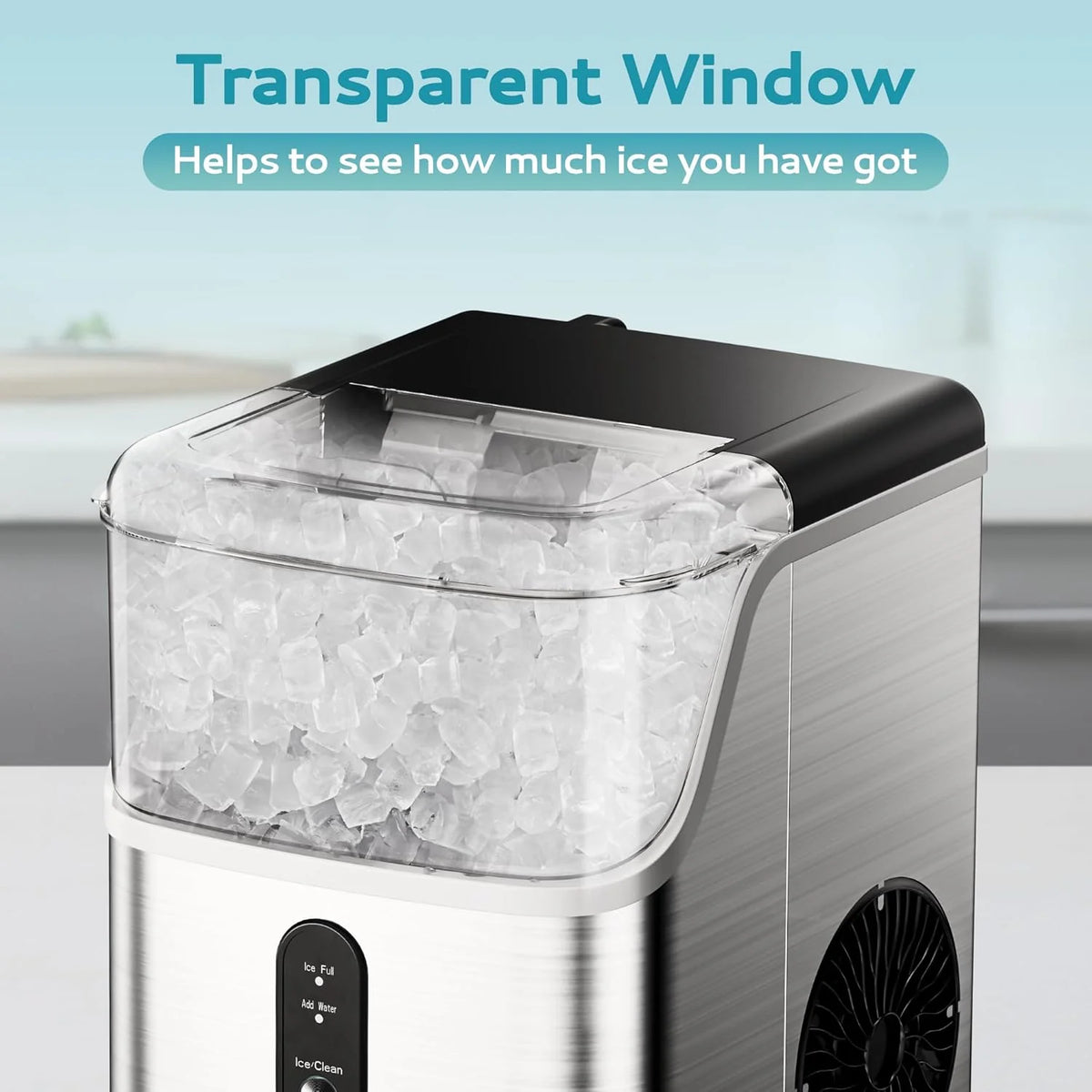 Desktop ice machine. pebble-style ice machine with 35 pounds/24-hour soft ice function. automatic cleaning sonic ice machine with ice scoop and ice box. granular ice machine (in stainless steel) suitable for home/kitchen/office