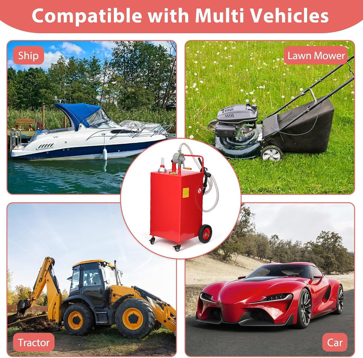 30 Gallon Fuel Caddy. Fuel Tank with Manual Transfer Pump for Gasoline & Diesel. Durable 4-Wheel Design. Mobile Fuel Storage for Cars. Trucks. Boats. Lawn Mowers. Red