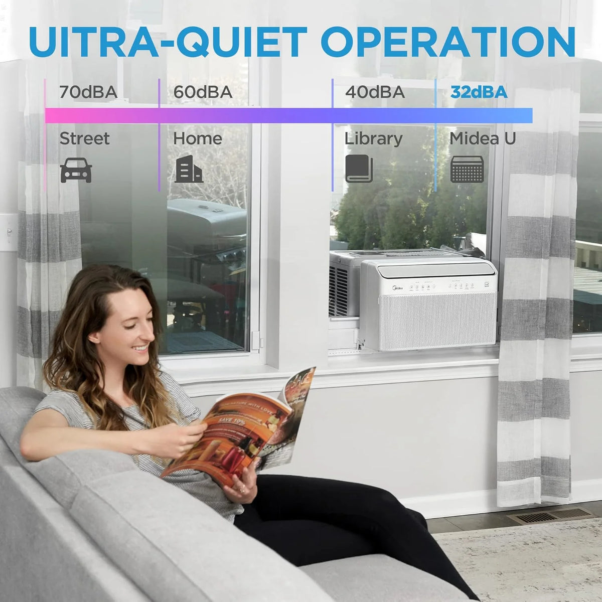 8.000 BTU U Shaped Smart Inverter Window Air Conditioner. Cools up to 350 Sq. Ft.. Ultra Quiet with Open Window Flexibility. Works with Alexa/Google Assistant. 35% Energy Savings. Remote Control