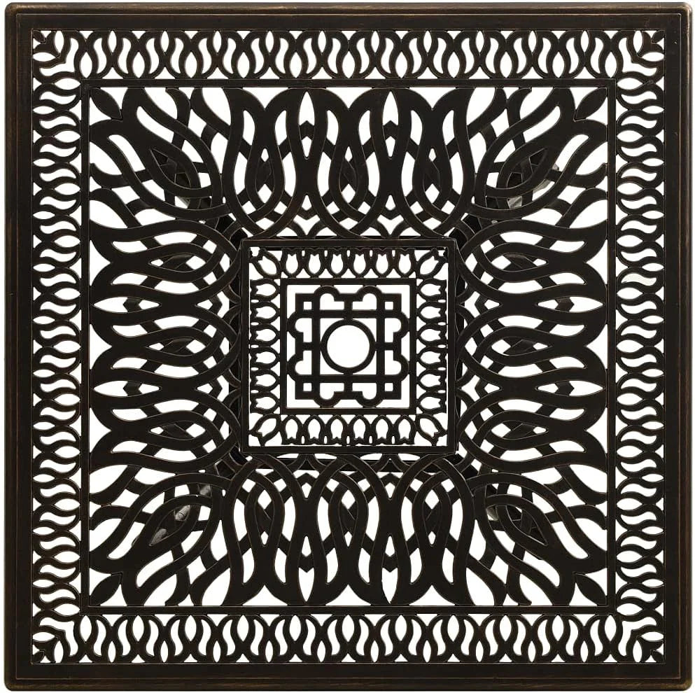 Bronze terrace table. made of cast aluminum. suitable for outdoor use. square design. stable and durable. with dimensions of 35.4 inches × 35.4 inches × 28.7 inches. equipped with umbrella holes. requires assembly.