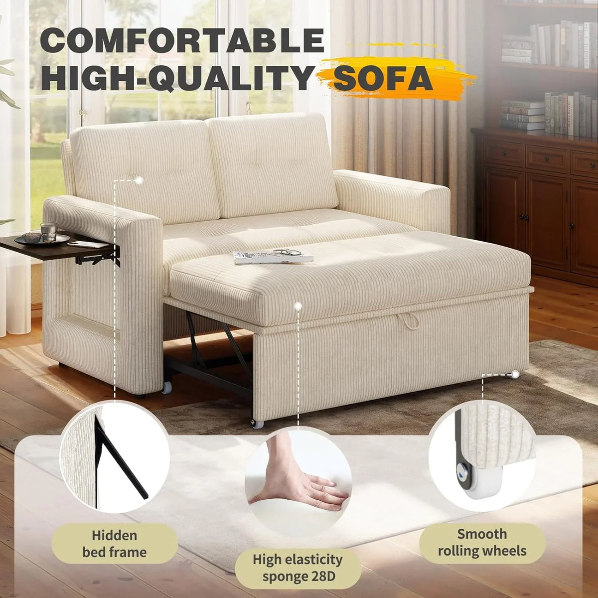 YOUDENOVA Sofá Cama 3 en 1. Sillón Cama multifunción. Sofá reclinable con Respaldo Regulable en 5 Posiciones. Sofá Cama para 2 Personas con Mesa y