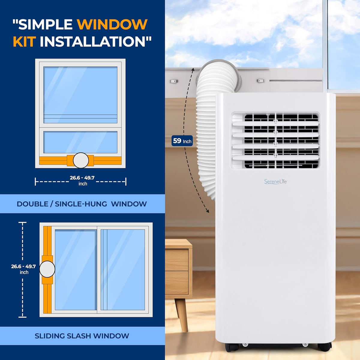 Portable Air Conditioner– 8.000 BTU 3-in-1 AC Unit with Cooling. Dehumidifier & Fan –w/ Remote Control. Window Mount Kit. Wheels. Quiet Operation for Rooms up to 300 sq ft