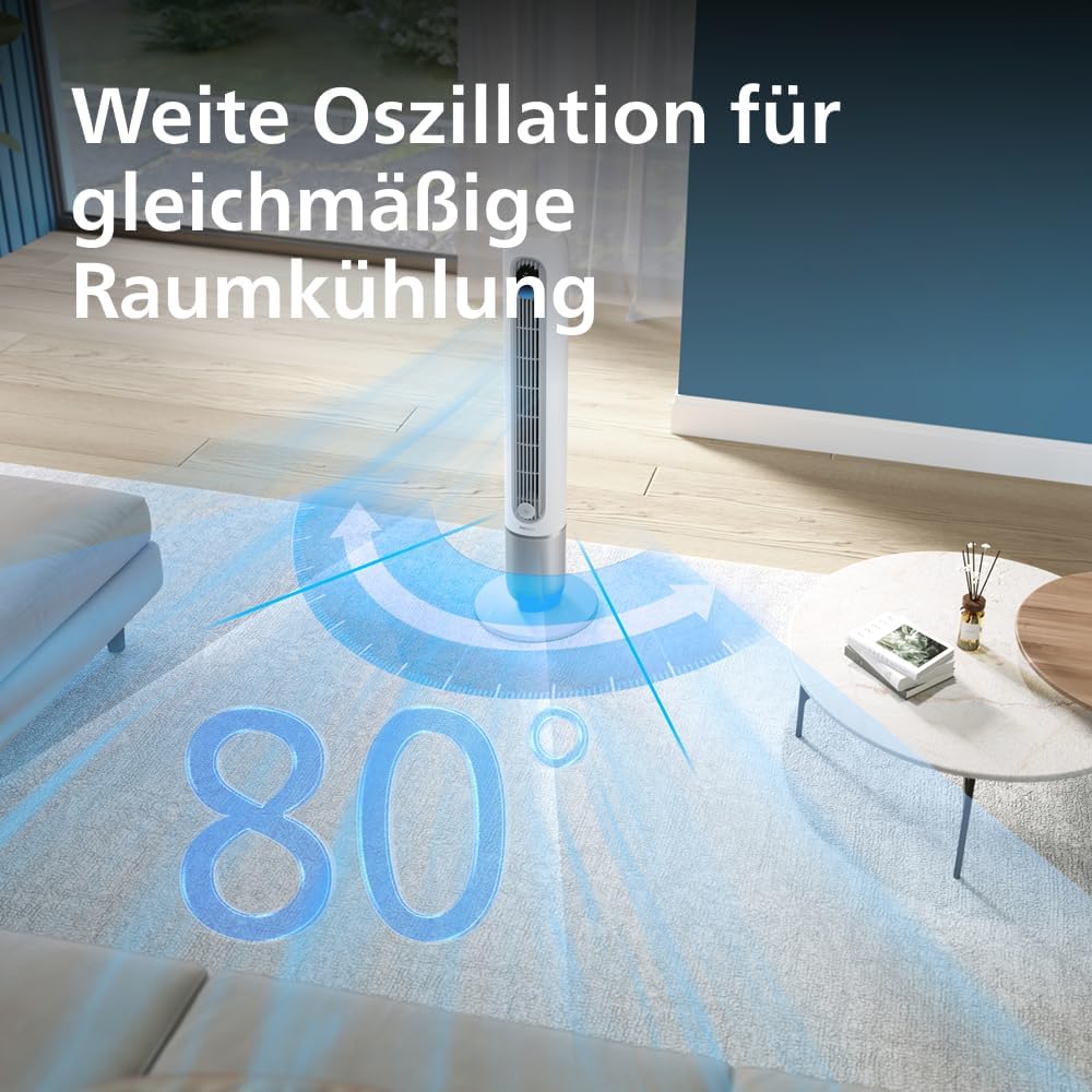 Philips Smarter Turmventilator 7000 Series – 8.4 m/s stark. ultraleise 22 dB. energieeffizient. App & Fernbedienung. Wlan. 12 Stufen. Schlafmodus.