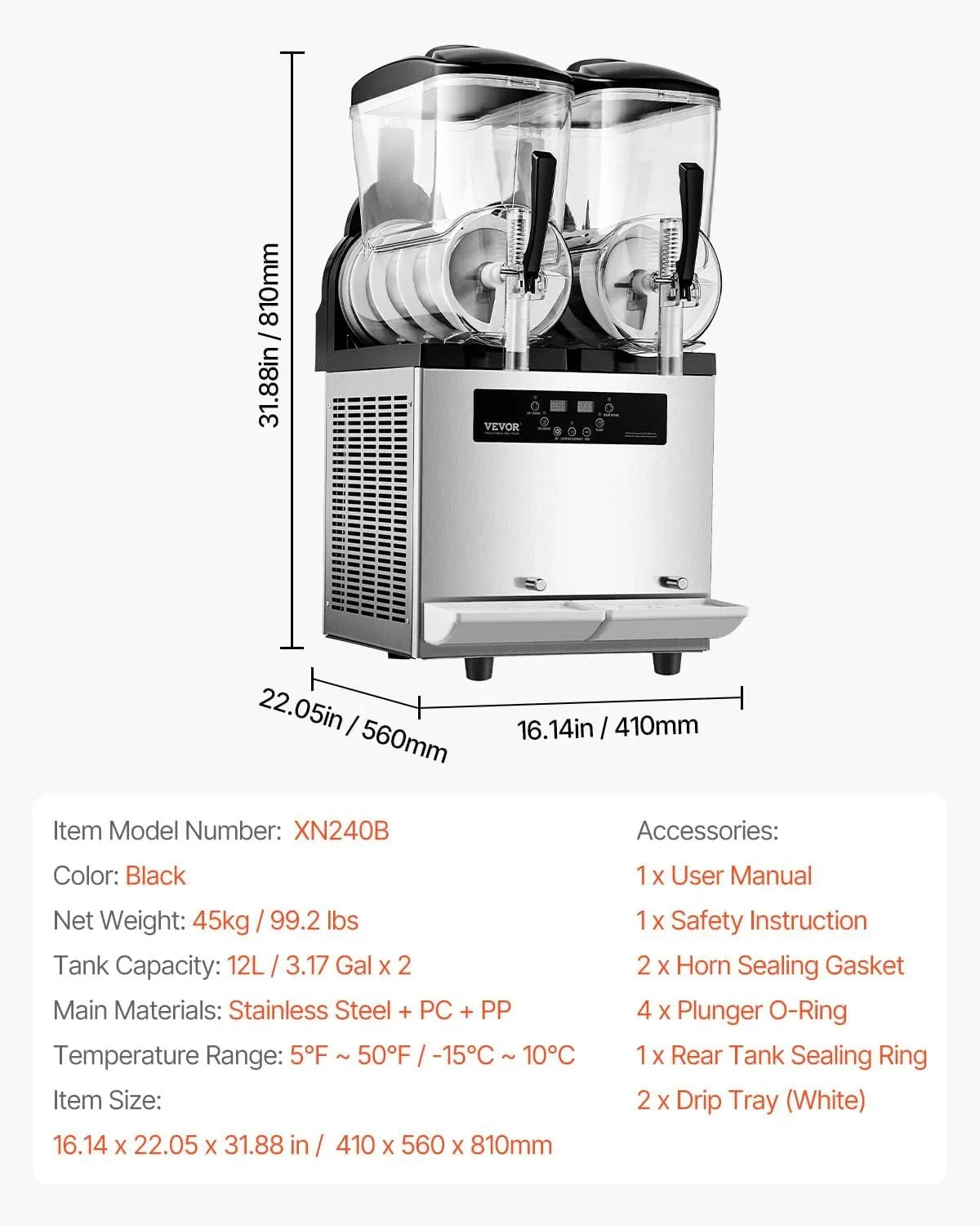 VEVOR kommerzielle Slusheis Maschine 12 L x 2 Doppeltank-Maschine für gefrorene Getränke. 96 Tassen Edelstahl Slush-Eis-Maschine mit Tastenfeld