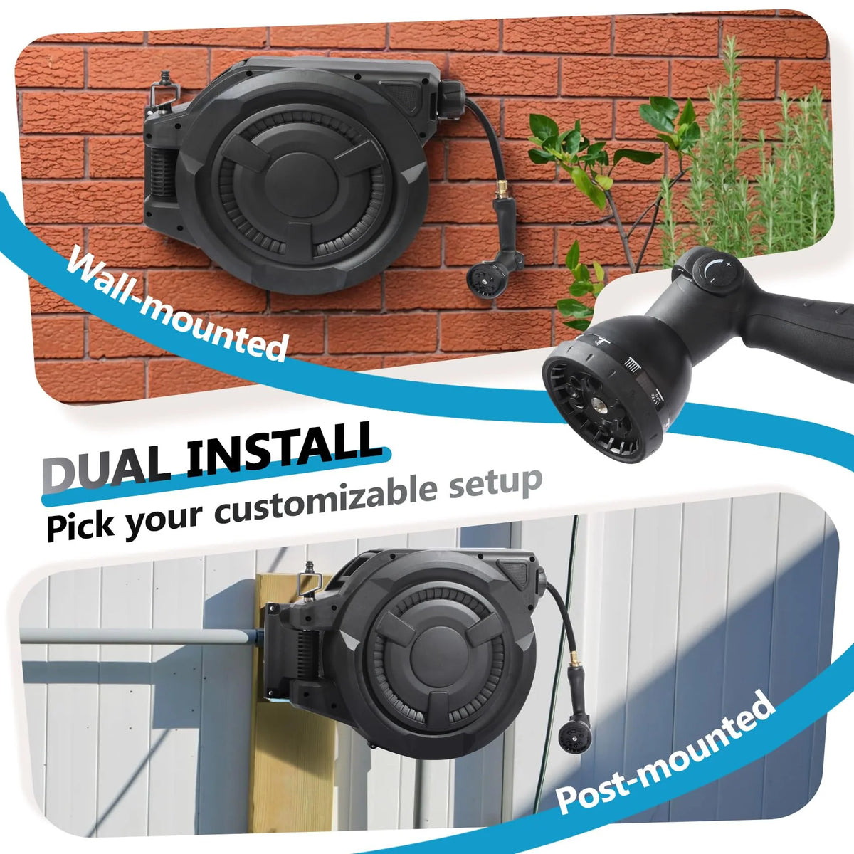 100 ft Wall Mounted Garden Hose Reel. 1/2 Inch Hose with 180° Swivel