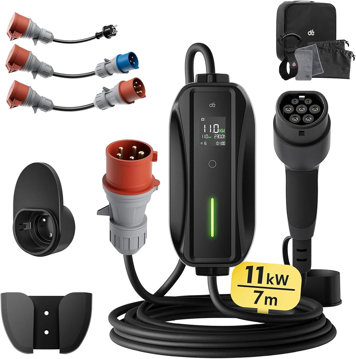 dé Mobile Wallbox/Ladestation 11kW [3-phasig|7m|6-16A] mit Traveller Adapter Set. Ladekabel CEE 16A auf Typ 2 und EV Ladegerät für Model Y/3. ID.3/4/5