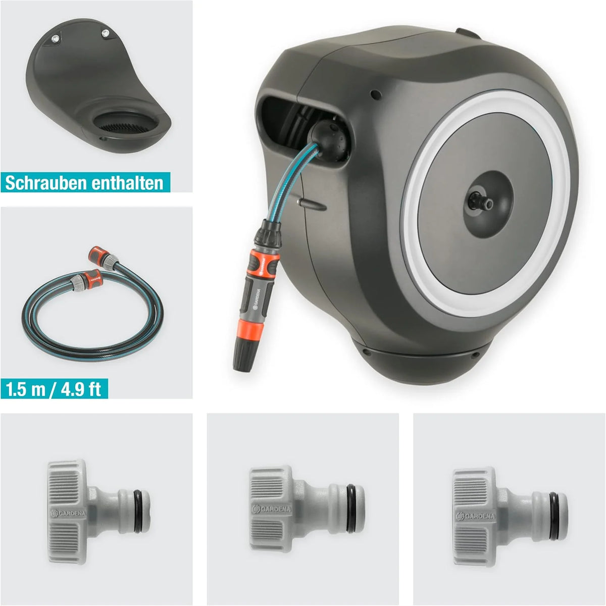 Gardena Wand-Schlauchbox RollUp M 20 m: Flexible Bewässerung für mittelgroße Gärten. schwenkbare Schlauchtrommel. mit Wandhalterung. Systemteilen und