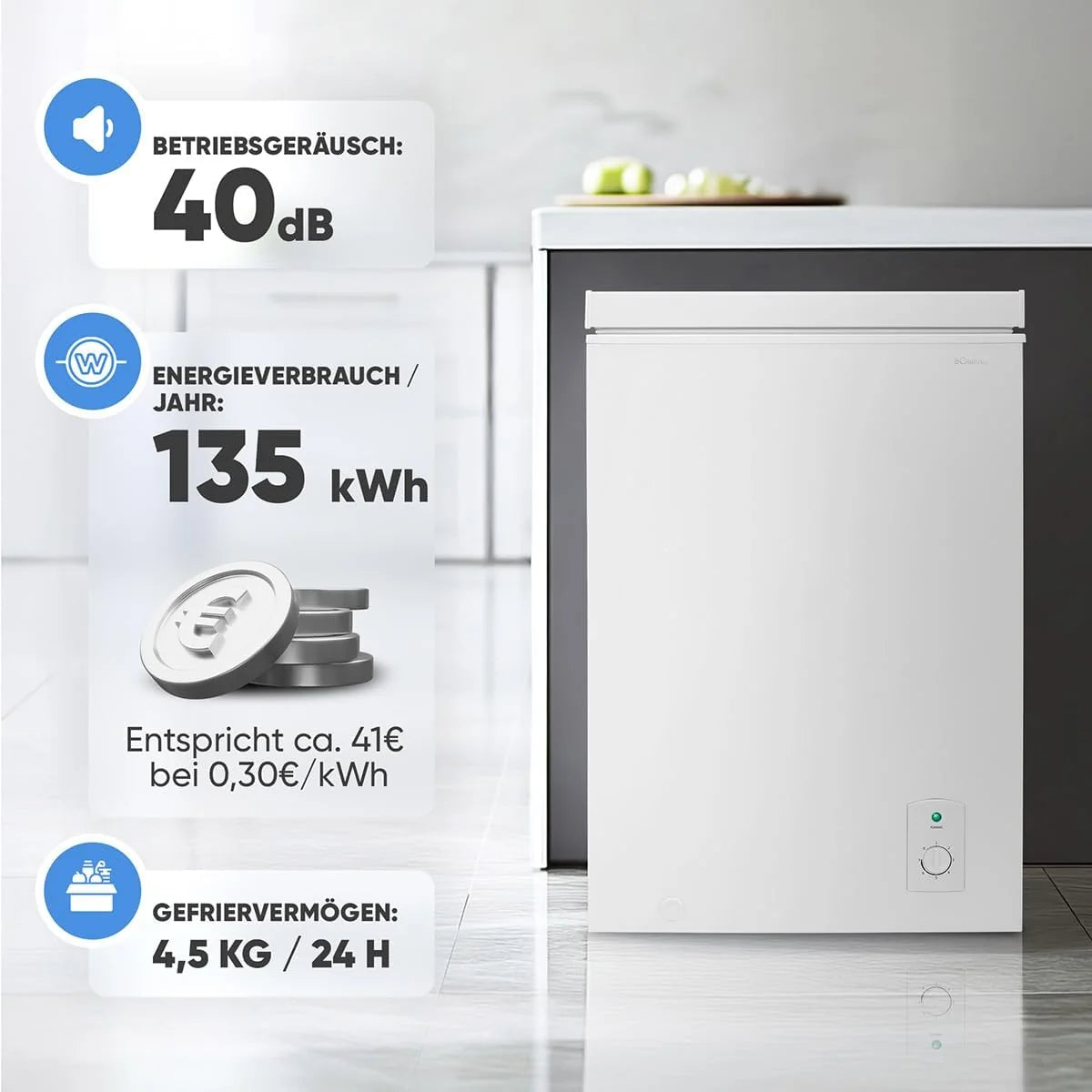Bomann. 100L Gefriertruhe weiß GT7355 – 4 Sterne. Temperatur ≤ -18°C. Gefriervermögen 4.5 kg/24h. Kontrollleuchte. Temperatureinstellung. abnehmbar.