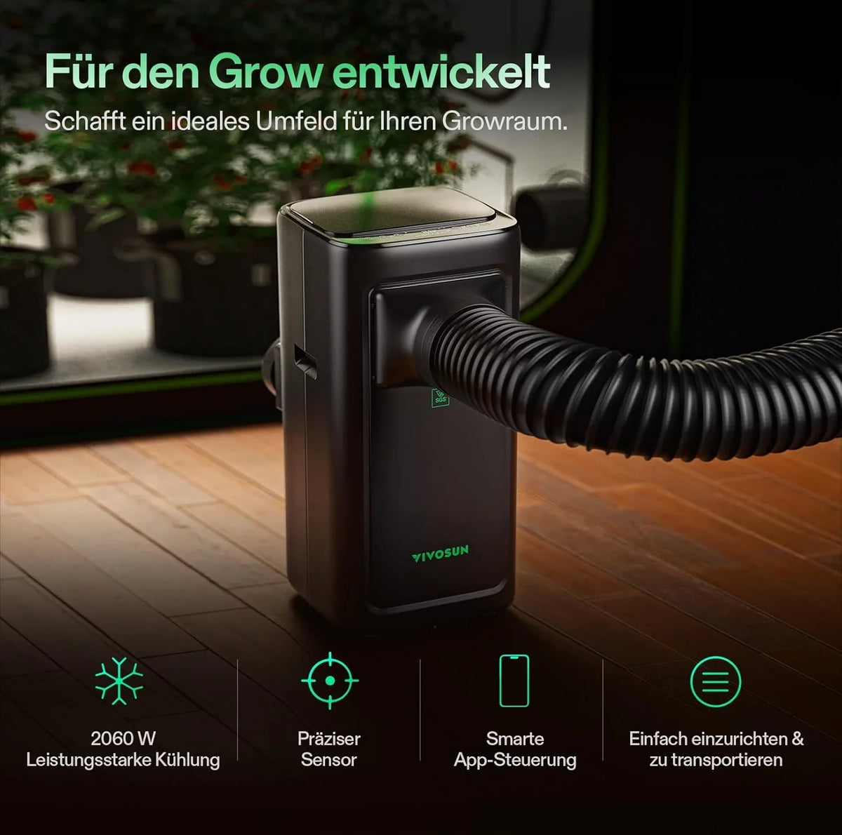 VIVOSUN Smart Klimaanlage. 7000 BTU. 4-in-1 Funktion mit Temperatur- & Feuchtigkeitssensor. Intelligente Fernbedienung. Ideal für Growzelte und