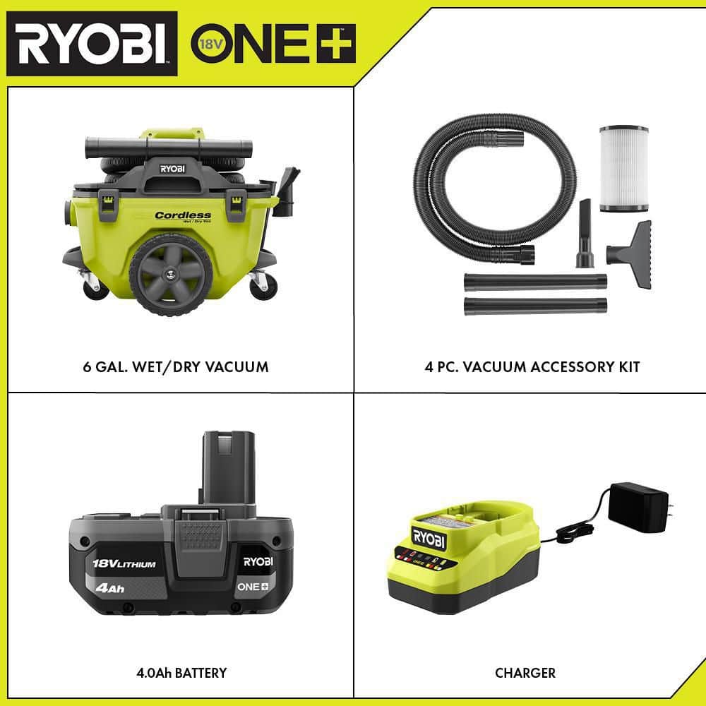 18V Cordless 6-Gallon Wet/Dry Vacuum Kit with 4.0Ah Battery. Charger and Accessories