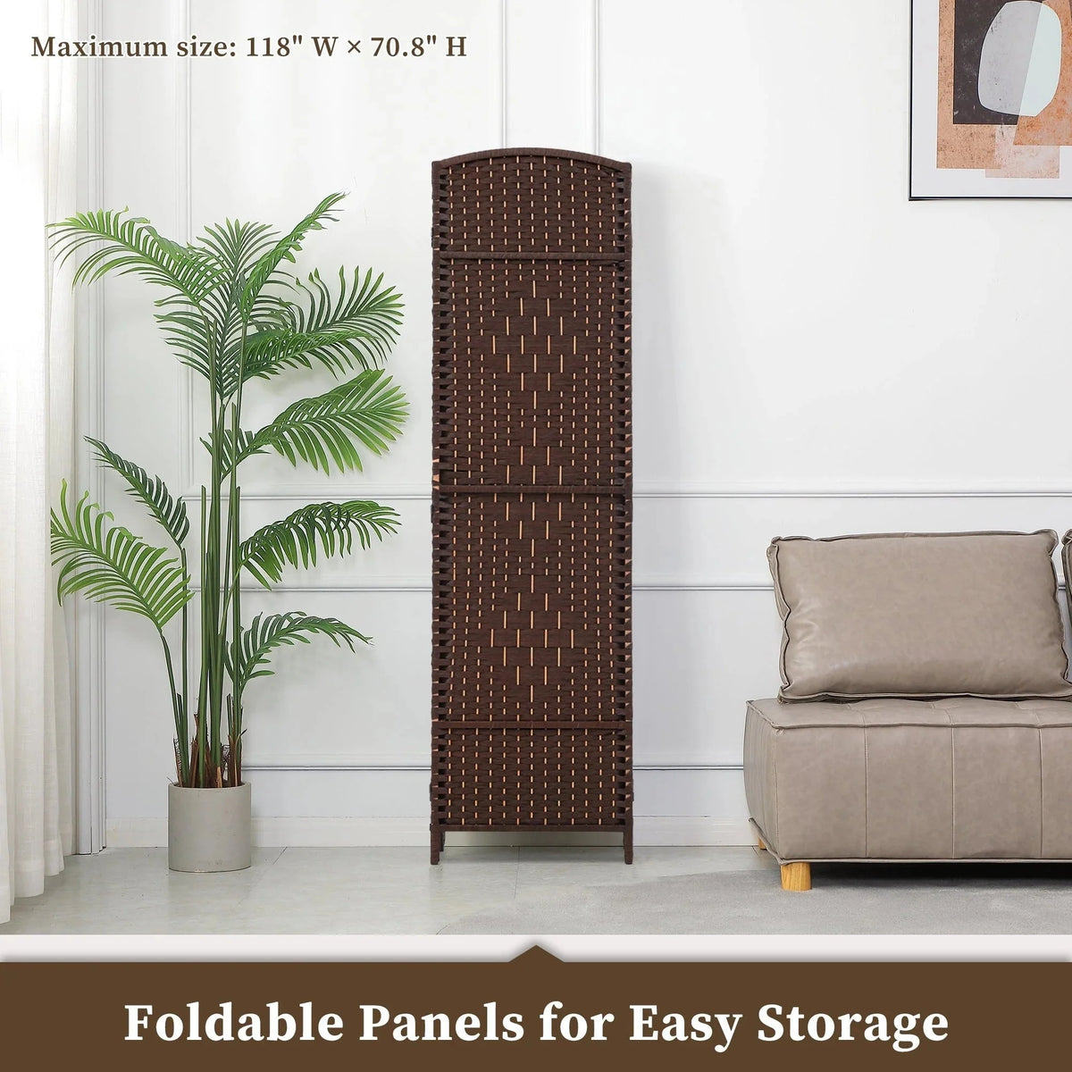 6 FT Tall Woven Fiber Room Divider. Freestanding Folding Privacy Screen