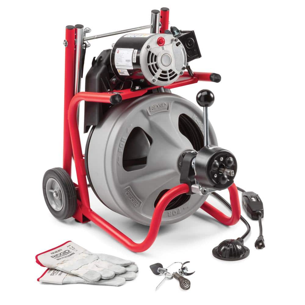 120V Drum Drain Cleaning Snake Auger with 3/8-In. x 75-Ft. Cable. 4-Piece Tool Set and Gloves