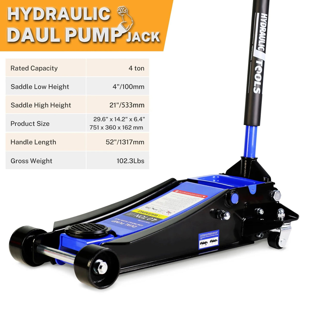 4-Ton Floor Jack. Low Profile Car Jack. Heavy-Duty Trolley Jack Car Lift with Dual Pump Pistons. Lifting Range 4-21. 8000LBS