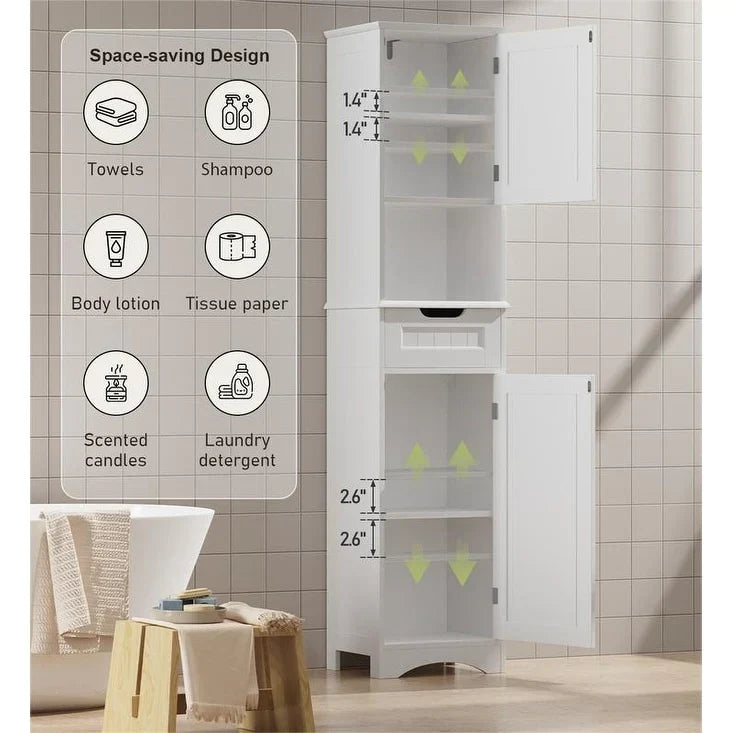 67 Inch Tall Narrow Bathroom Linen Cabinet. 5-Tier Solid Wood Freestanding Storage Cabinet