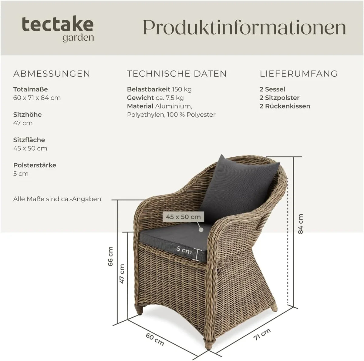 tectake Alu Polyrattan Gartenstuhl 2er Set. Gartenmöbel Set mit 2 Sessel. wetterfest. Rattan Gartensessel mit weichen Sitzpolster. abziehbarer und