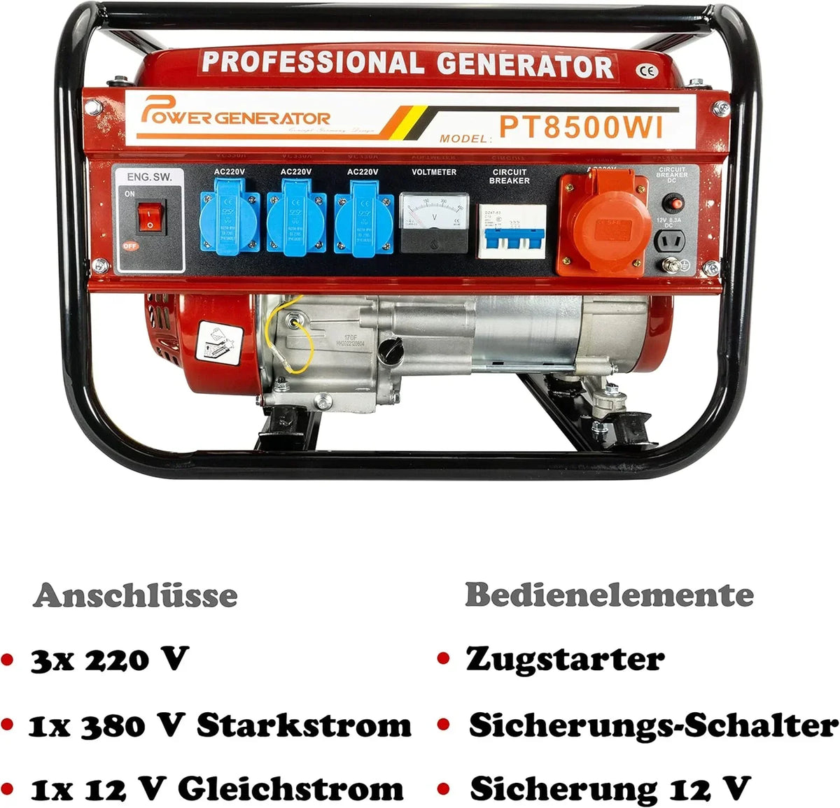 Generador de corriente con gasolina | Accesorios incluidos | Grupo electrógeno silencioso | 5 enchufes 3 x 230 V / 1 x 400 V / 1 x 12 V | 6.5 CV
