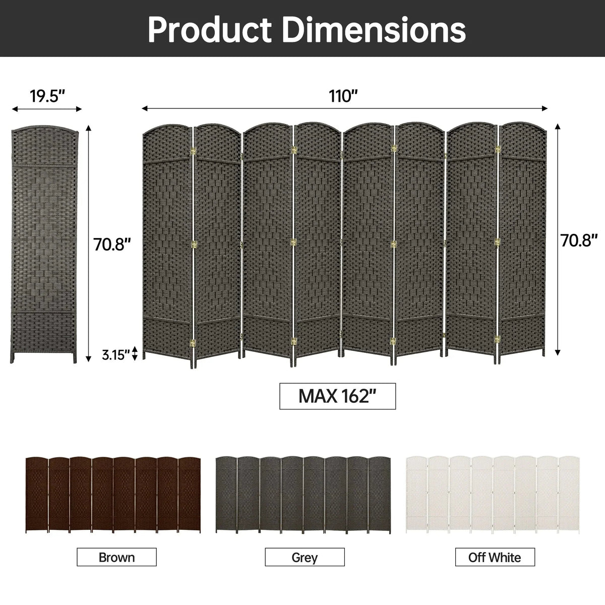 6 FT Tall Woven Fiber Room Divider. Freestanding Folding Privacy Screen