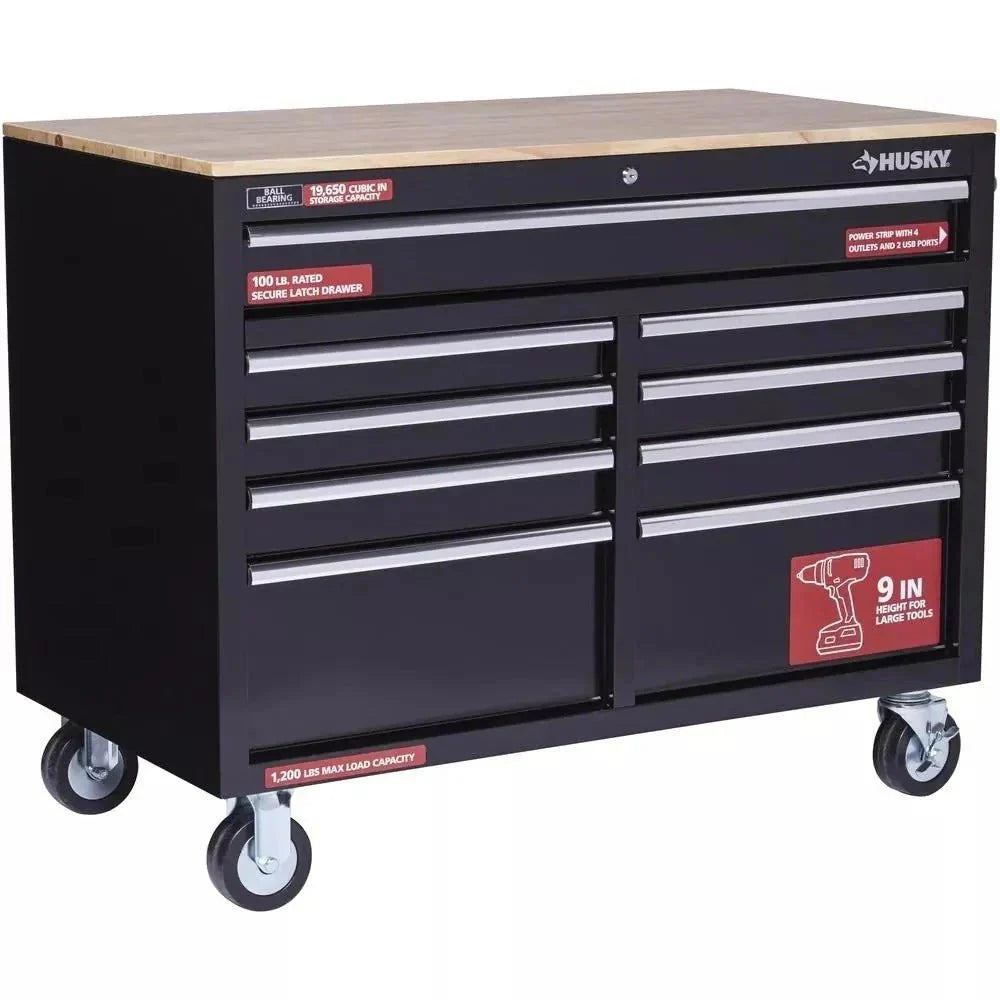 46-Inch W x 24-Inch D 9-Drawer Deep Tool Chest Mobile Workbench. Gloss Black