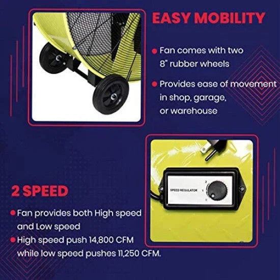 42′′ Belt Drive Drum Fan; Industrial. Garage. Shop. High Speed 2-Speed. Durable. Cut-Off Protection. Easy Mobility Rubber Wheels; SAFETY YELLOW.