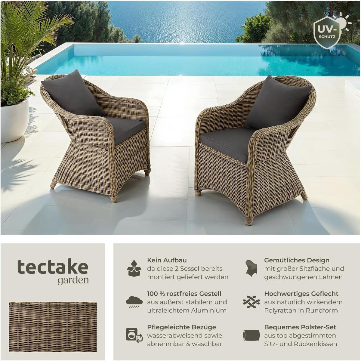tectake Alu Polyrattan Gartenstuhl 2er Set. Gartenmöbel Set mit 2 Sessel. wetterfest. Rattan Gartensessel mit weichen Sitzpolster. abziehbarer und